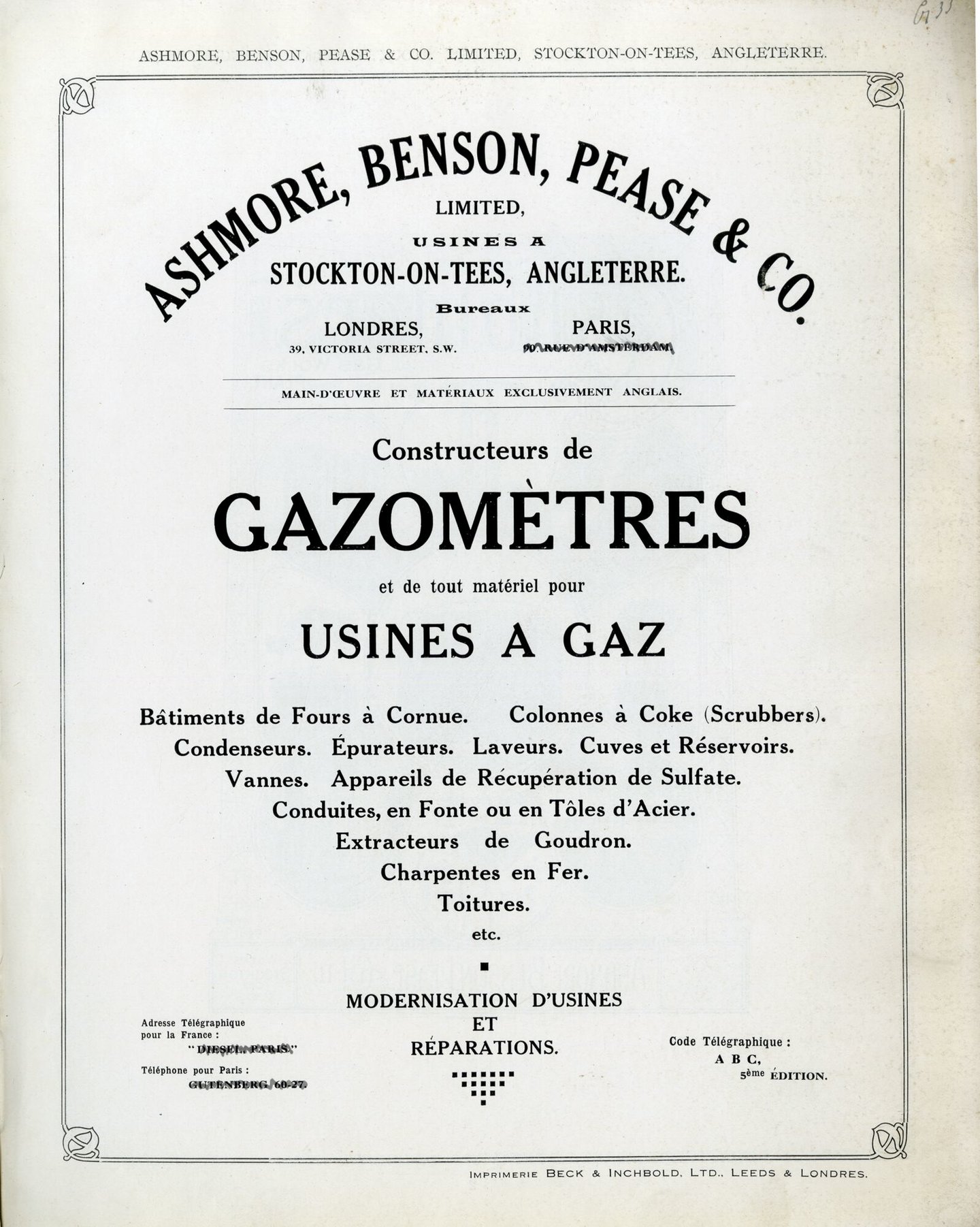 Productcatalogus met apparatuur en onderdelen voor gasfabrieken van Ashmore, Benson, Pease & Co
