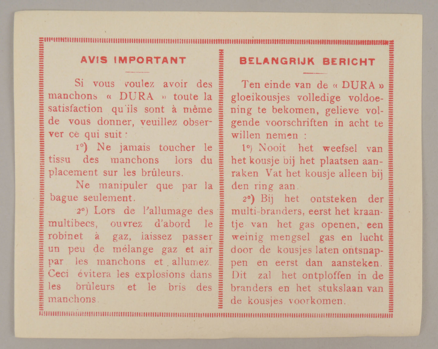 Gebruiksaanwijzing om bij gloeikousje van het merk Dura te voegen