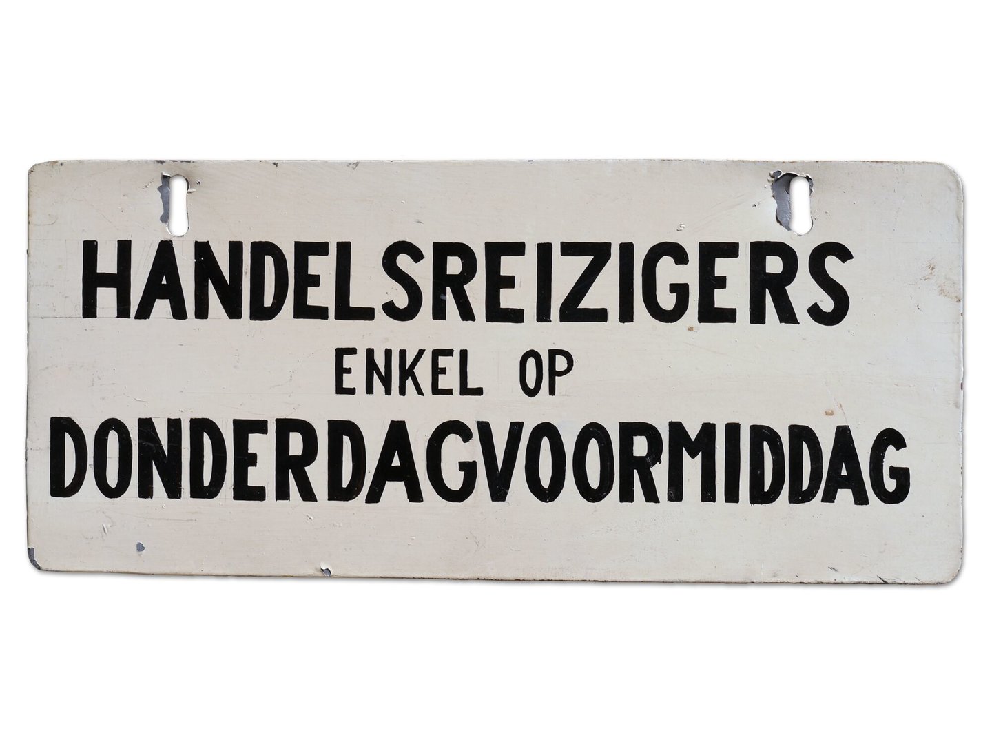Bord met opschrift 'Handelsreizigers enkel in op donderdagvoormiddag'
