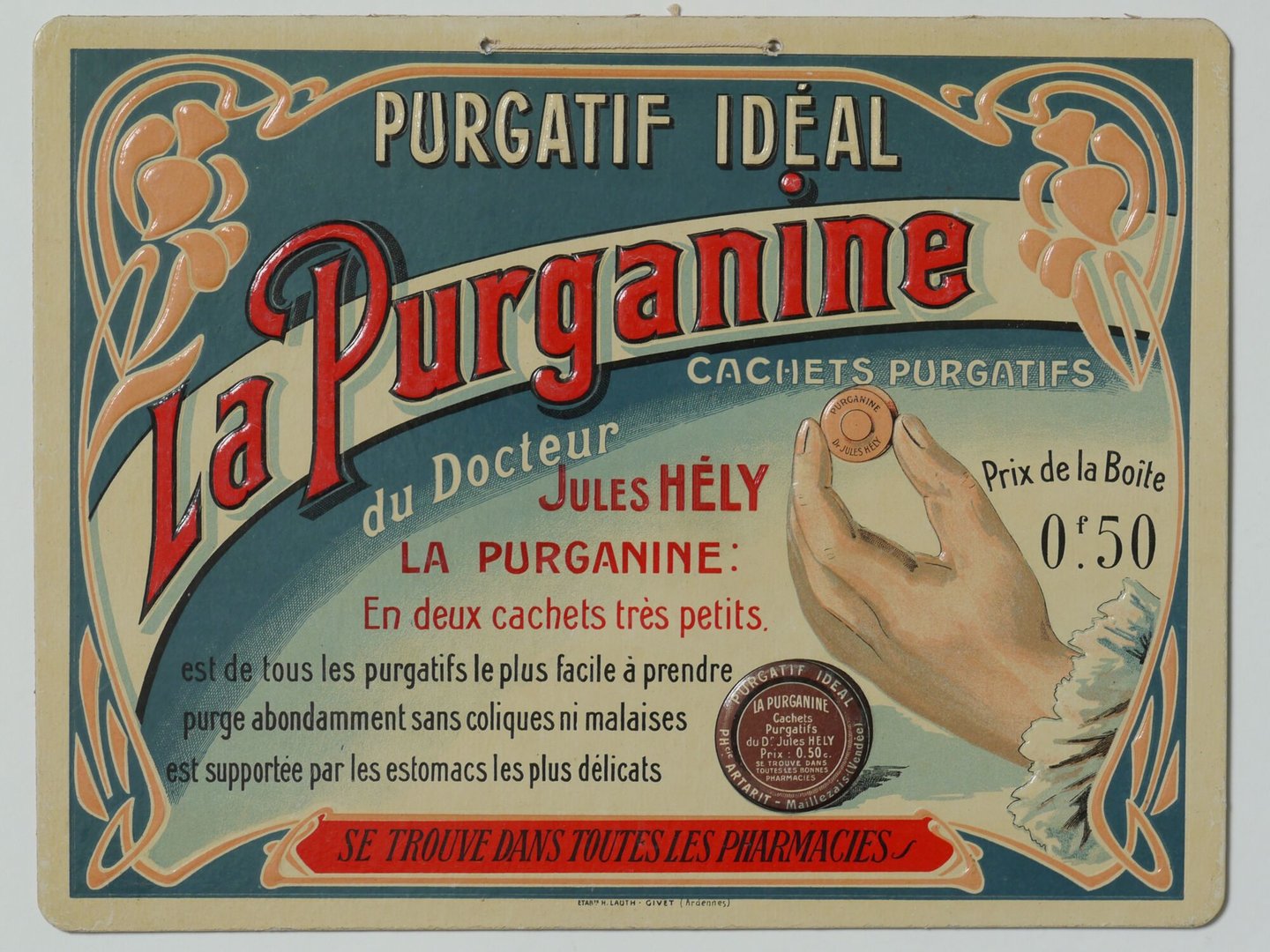 Reclamebord voor laxeermiddel van het merk La Purganine