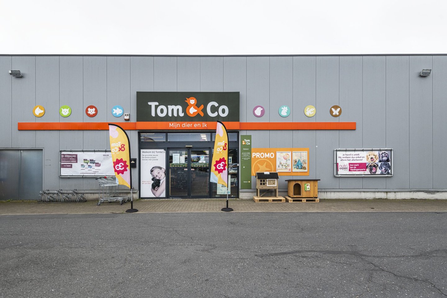 Etalage van dierenspeciaalzaak Tom & co in Gent