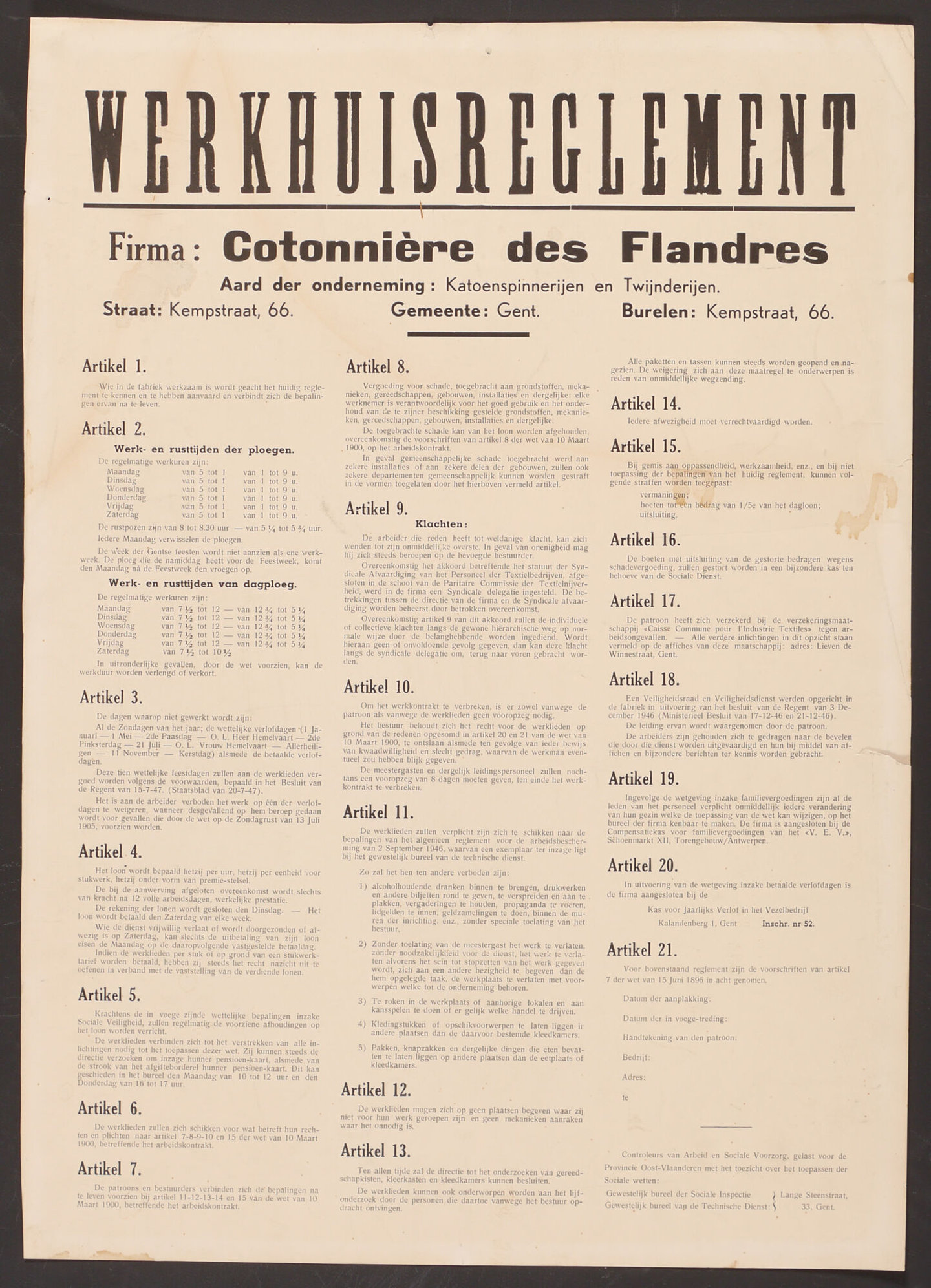Werkplaatsreglement van spinnerij Cotonnière des Flandres in Gent