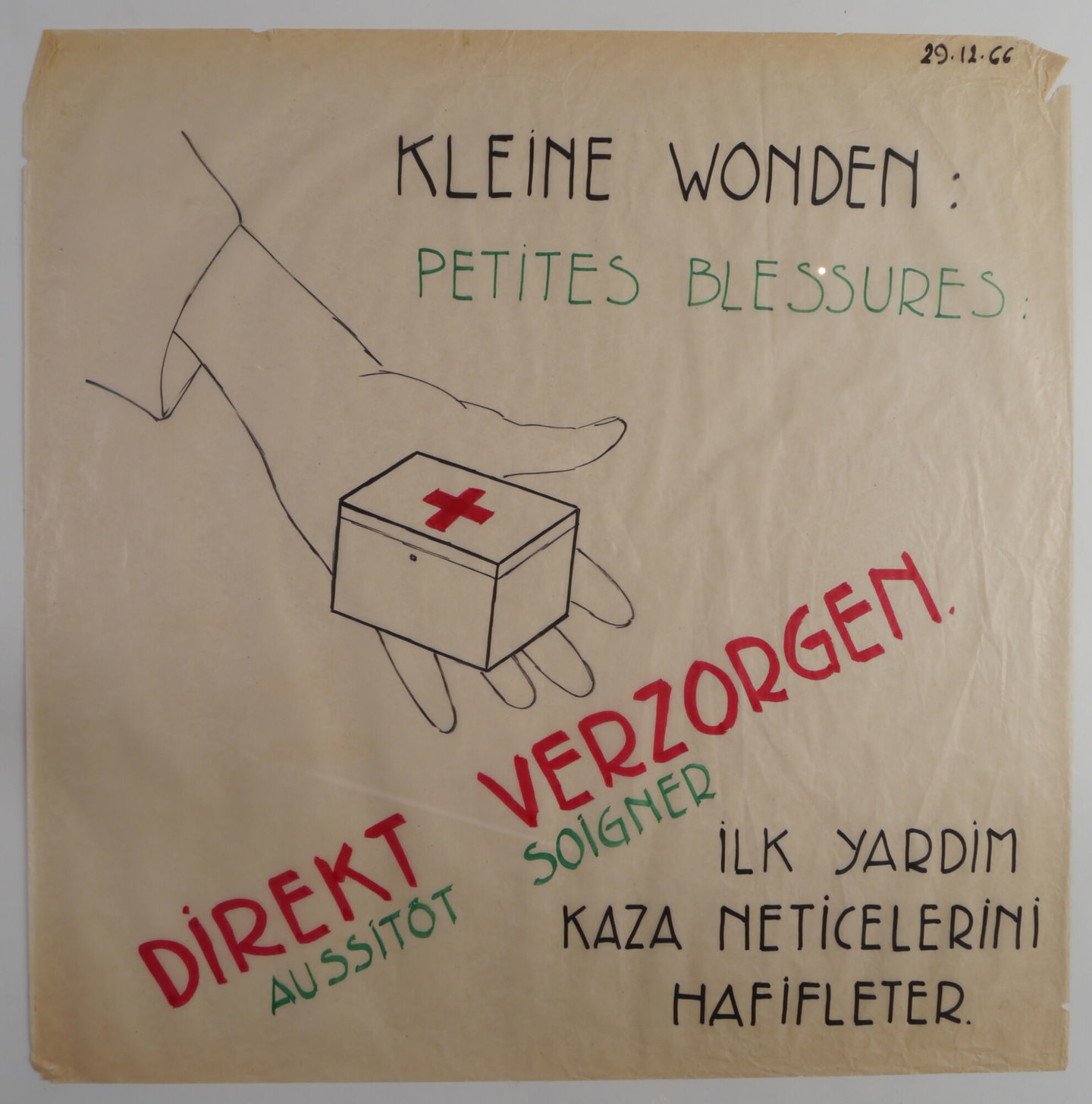 Handgetekende affiche om de aandacht te vestigen op het belang van EHBO