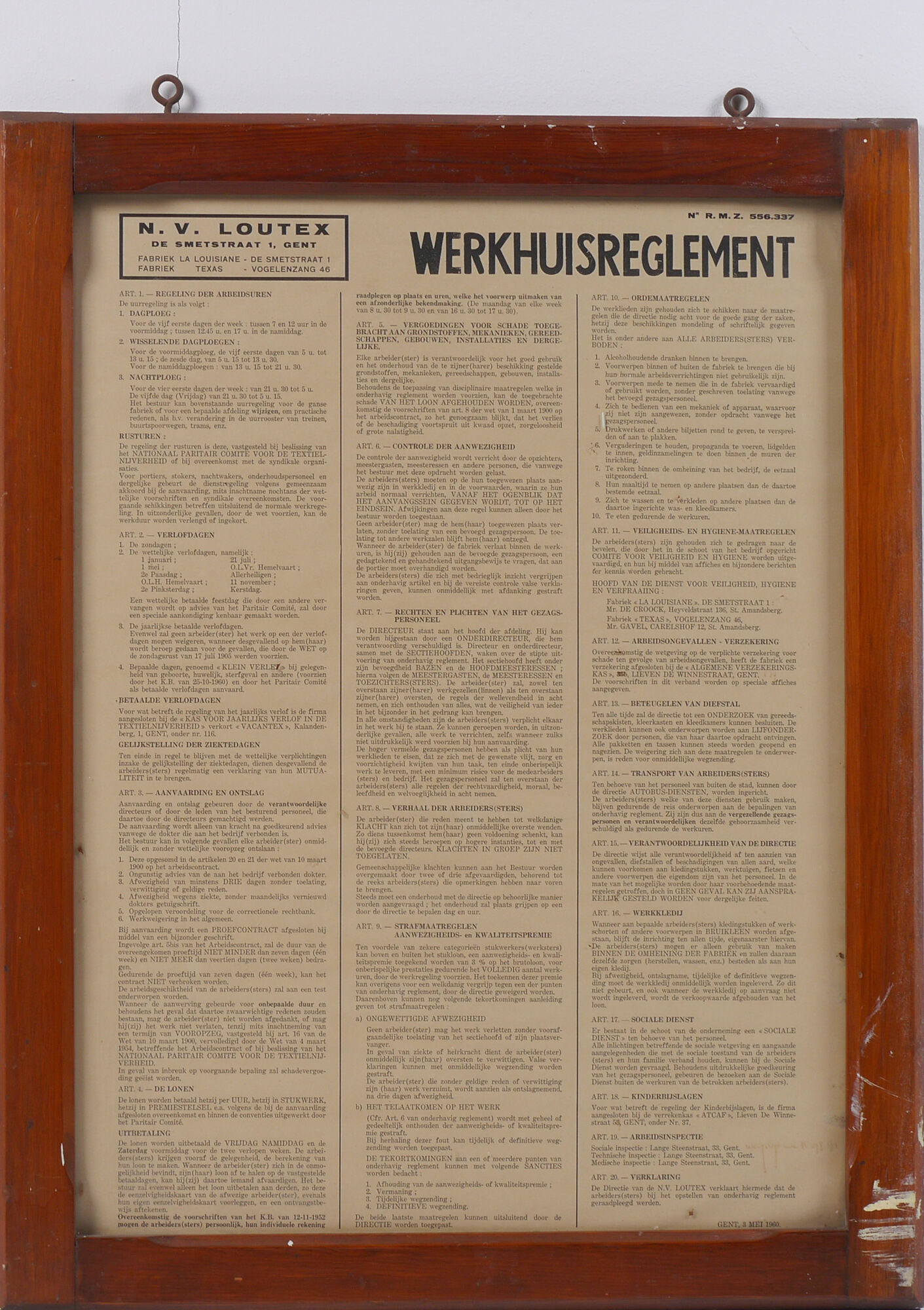 Werkplaatsreglement van textielfabriek Loutex in Gent