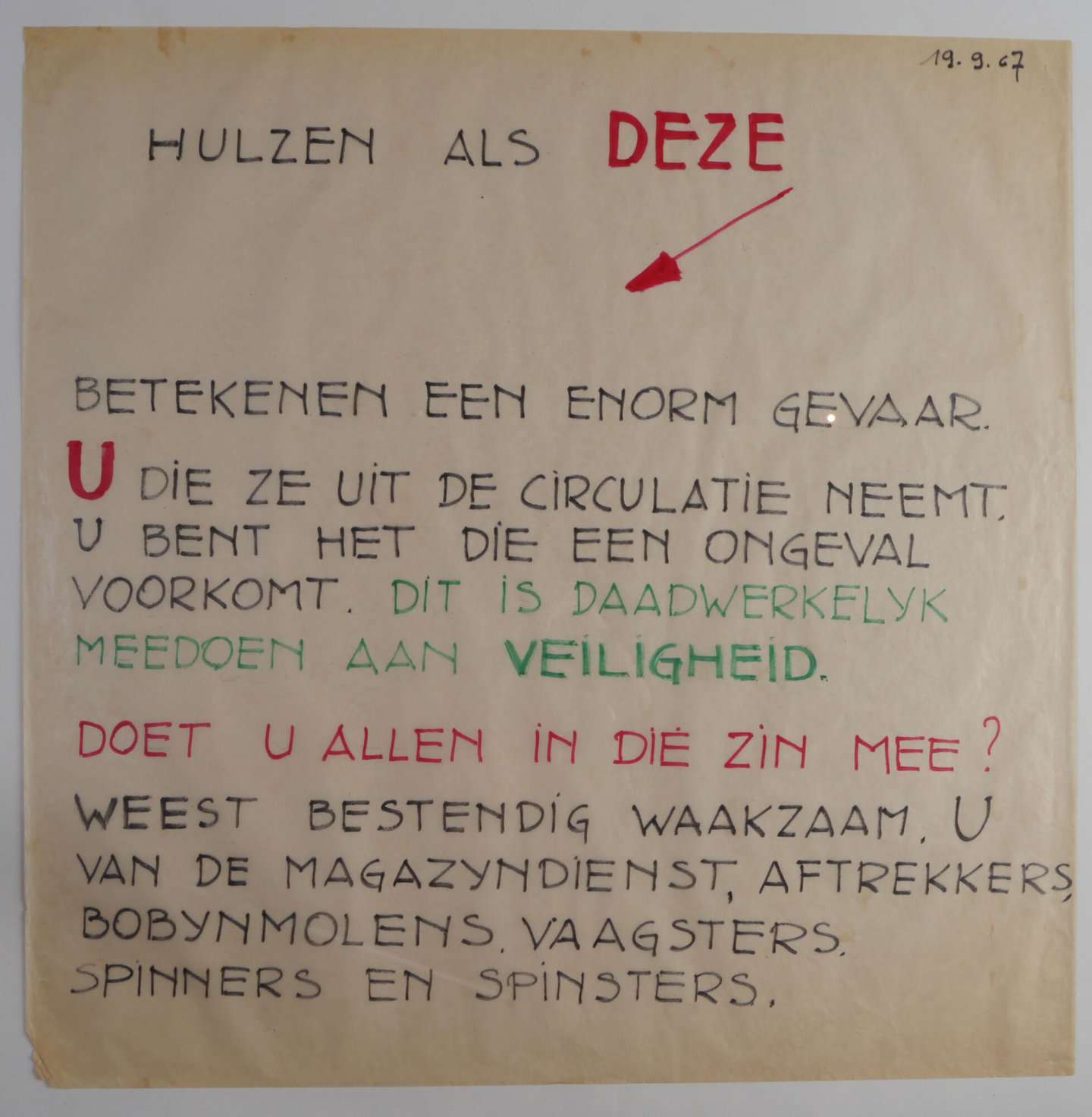 Handgeschreven affiche om de aandacht te vestigen op arbeidsveiligheid
