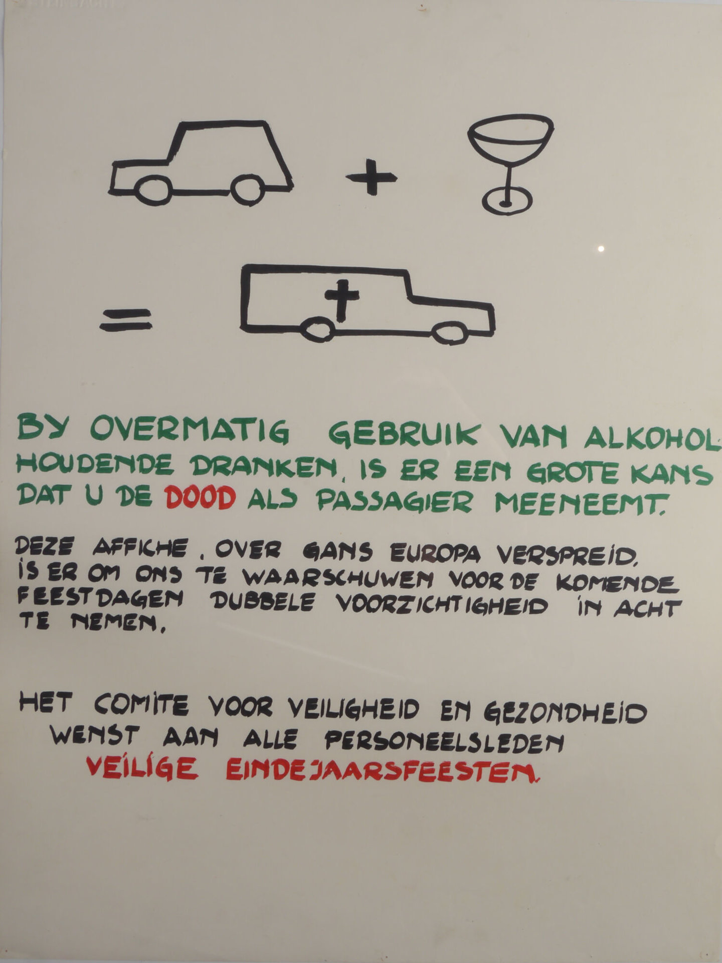 Handgetekende affiche om werknemers veilige eindejaarsfeesten te wensen