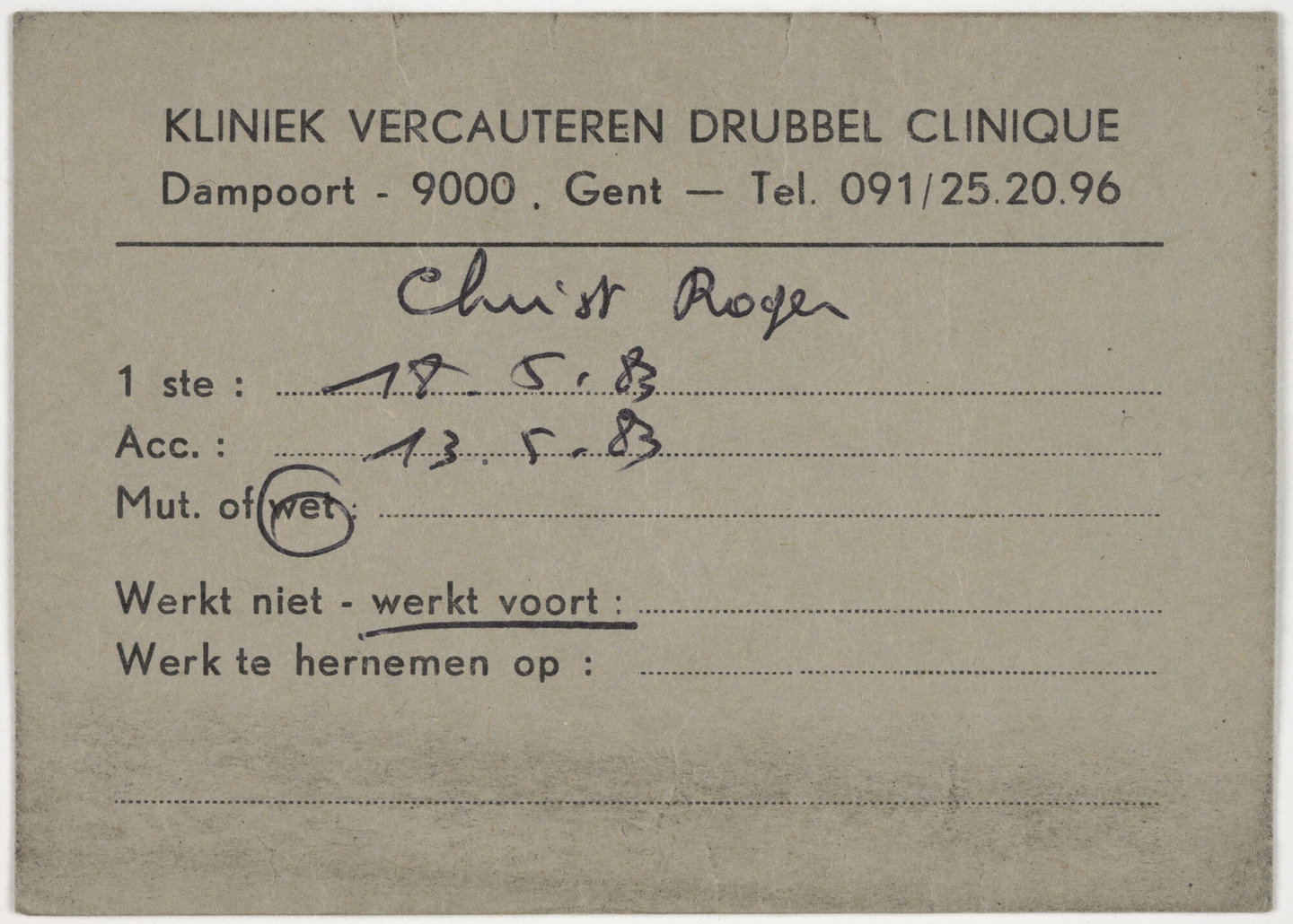 Kaart op naam van Roger Christ van Kliniek Vercauteren in Gent