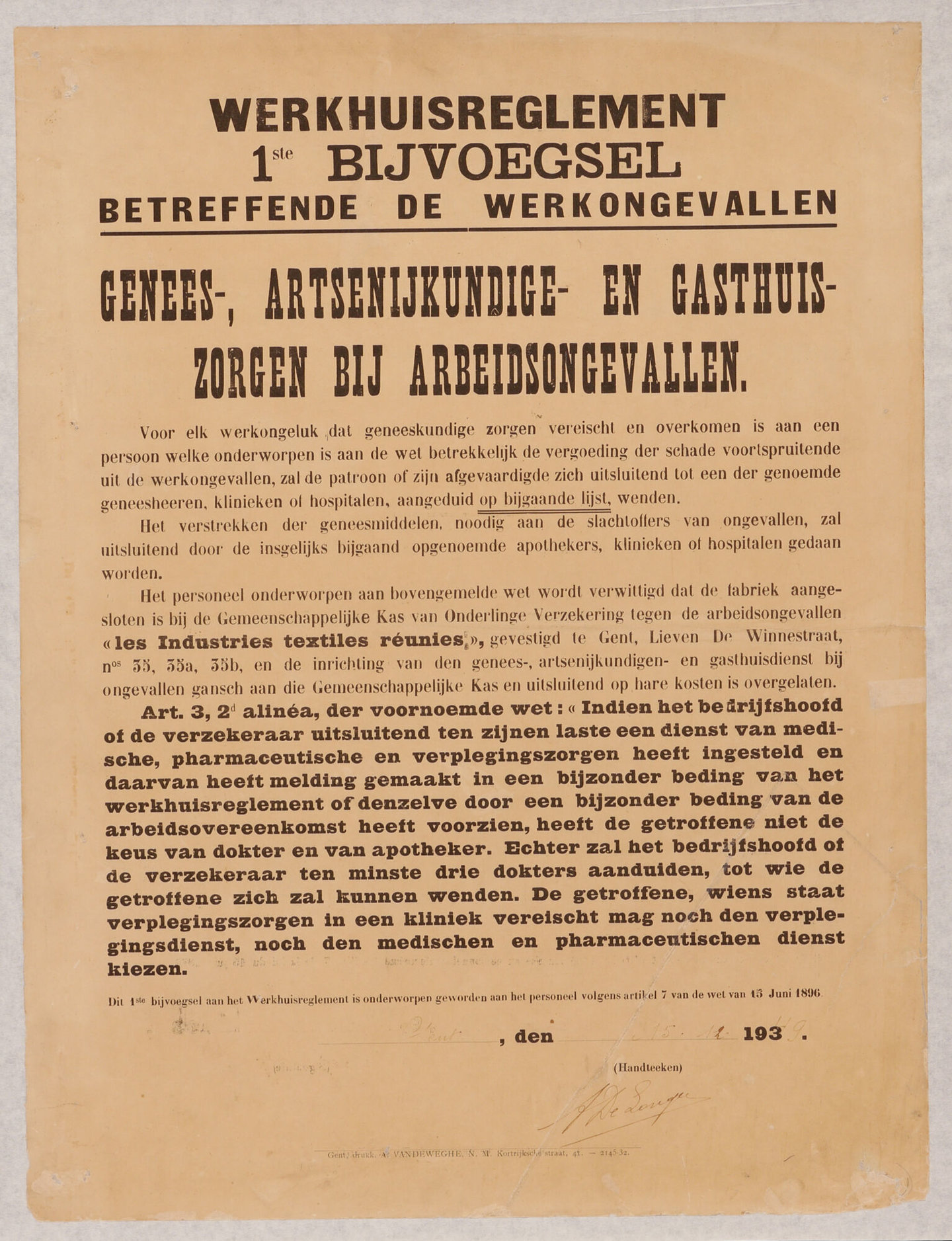 Werkplaatsreglement in verband met de wetgeving over arbeidsongevallen in de textielindustrie