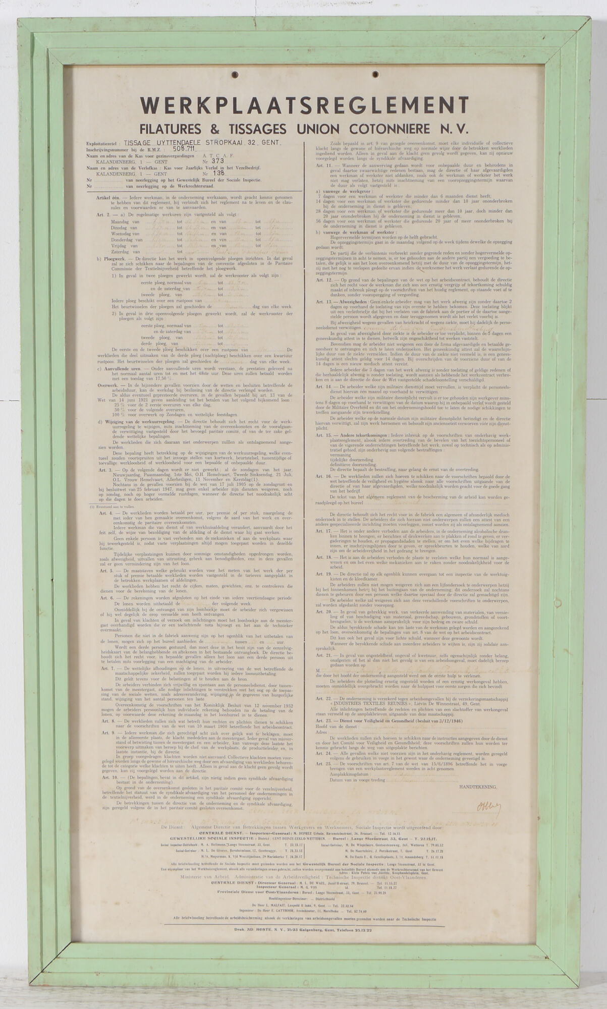Werkplaatsreglement van spinnerij Uyttendaele in Gent
