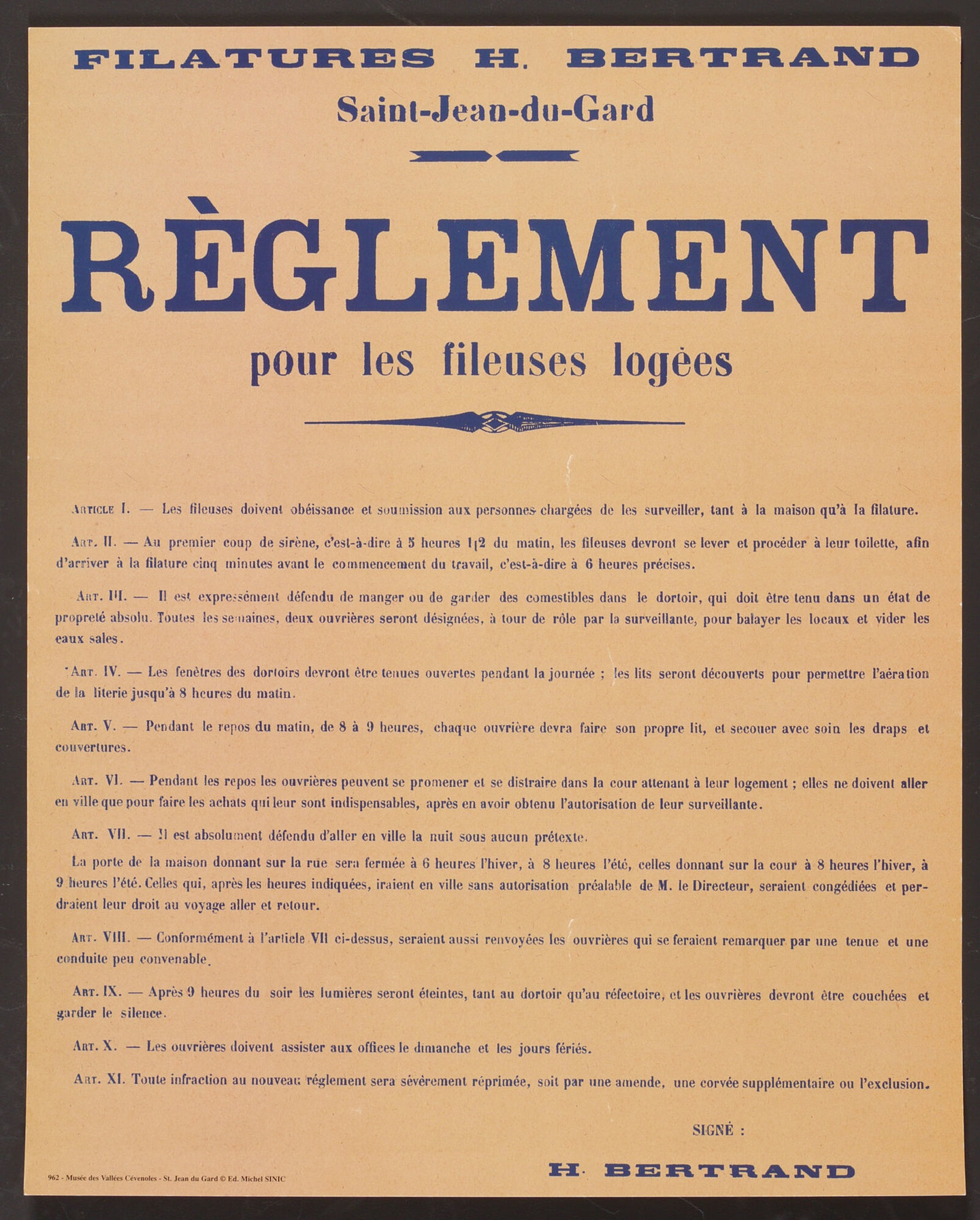 Reglement voor inwonende spinsters van spinnerij Bertrand in Saint-Jean-du-Gard
