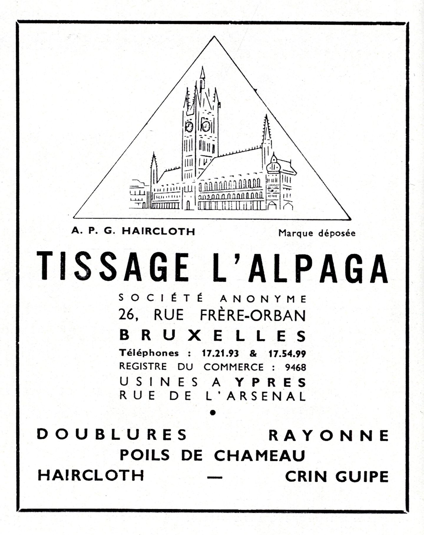 Reclame voor textielfabriek Tissage l'Alpaga