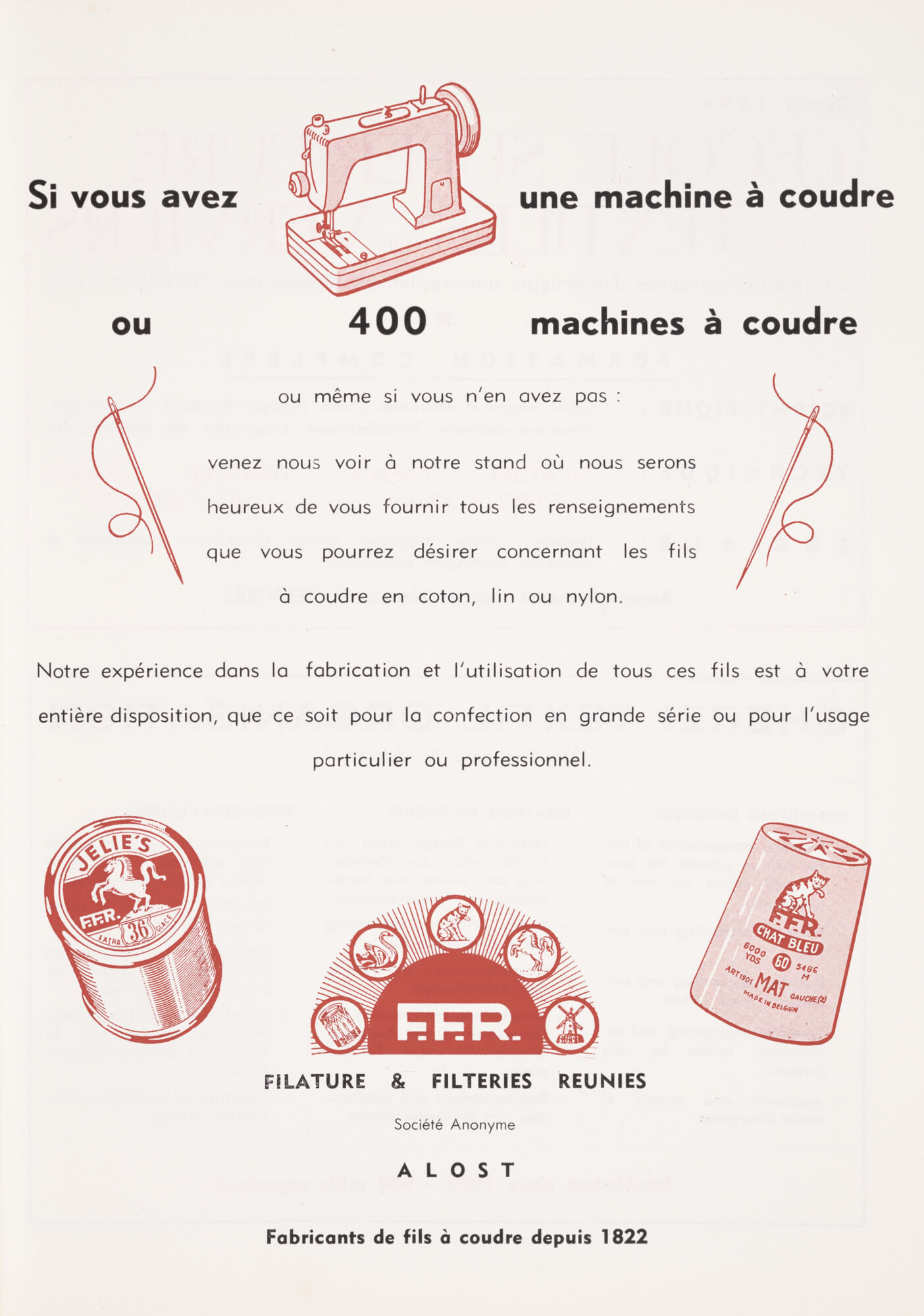 Reclame voor naaigaren geproduceerd door Filature et Filteries Réunies