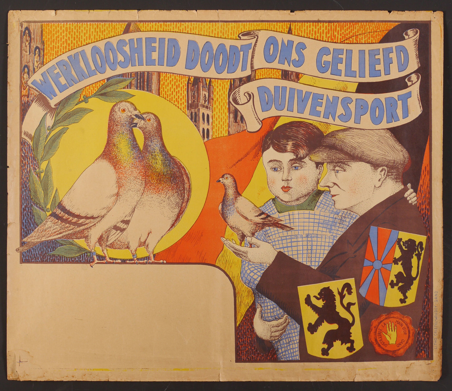Affiche met als titel 'Werkloosheid doodt ons geliefd duivensport'