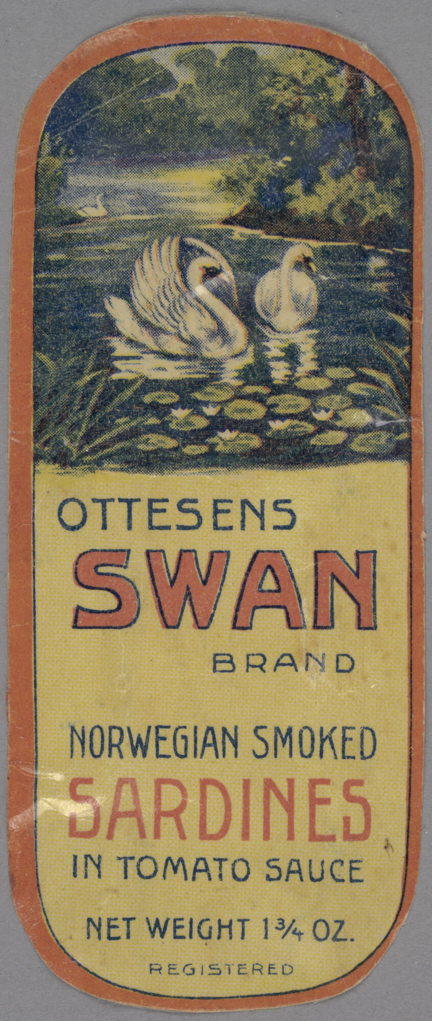 Verpakkingsetiket voor ingeblikte sardienen van het merk Ottesen Swan