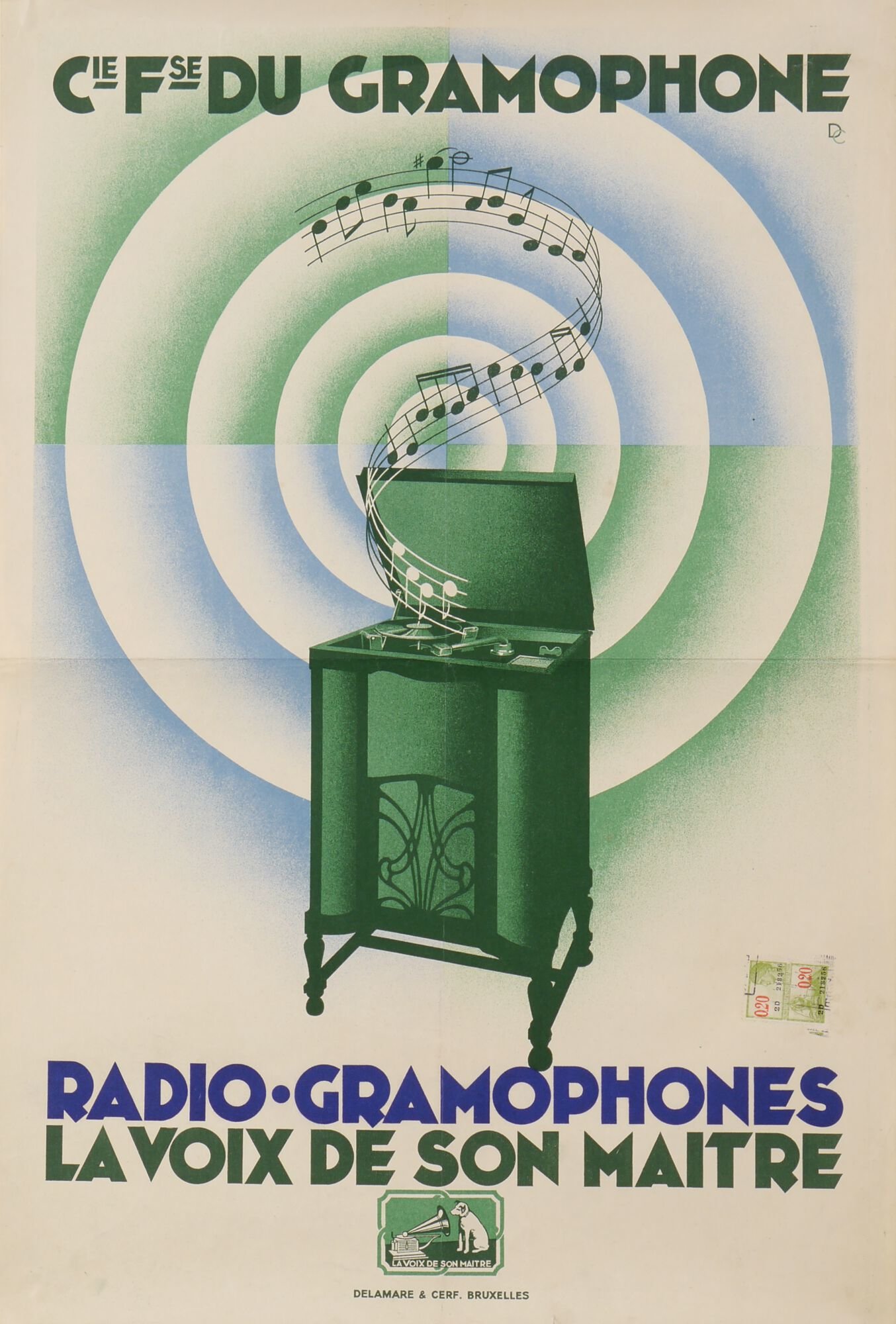 Reclameaffiche voor radio-grammofoonspeler van het merk La Voix de son Maître