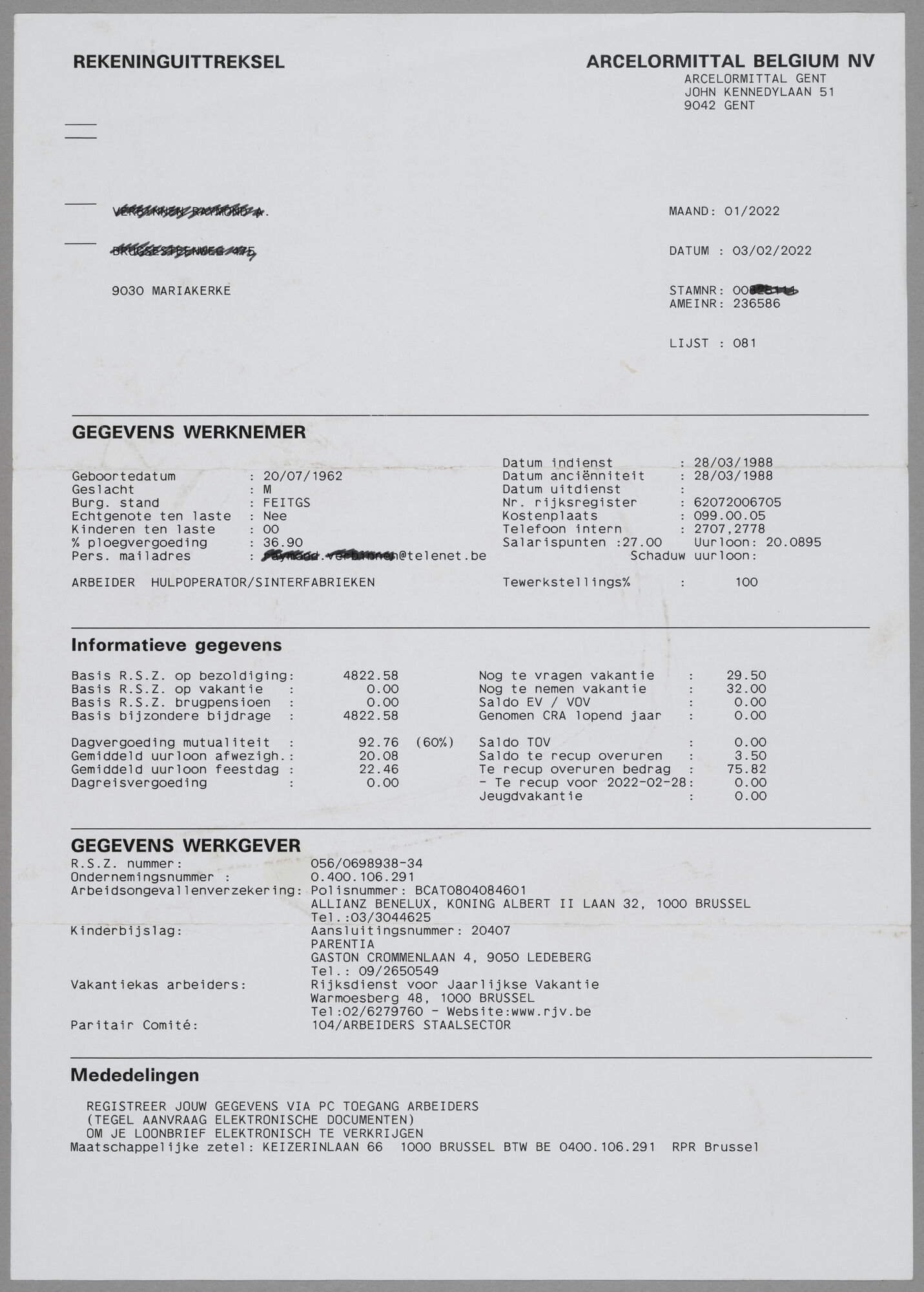 Loonfiche van een arbeider bij staalbedrijf ArcelorMittal in Gent