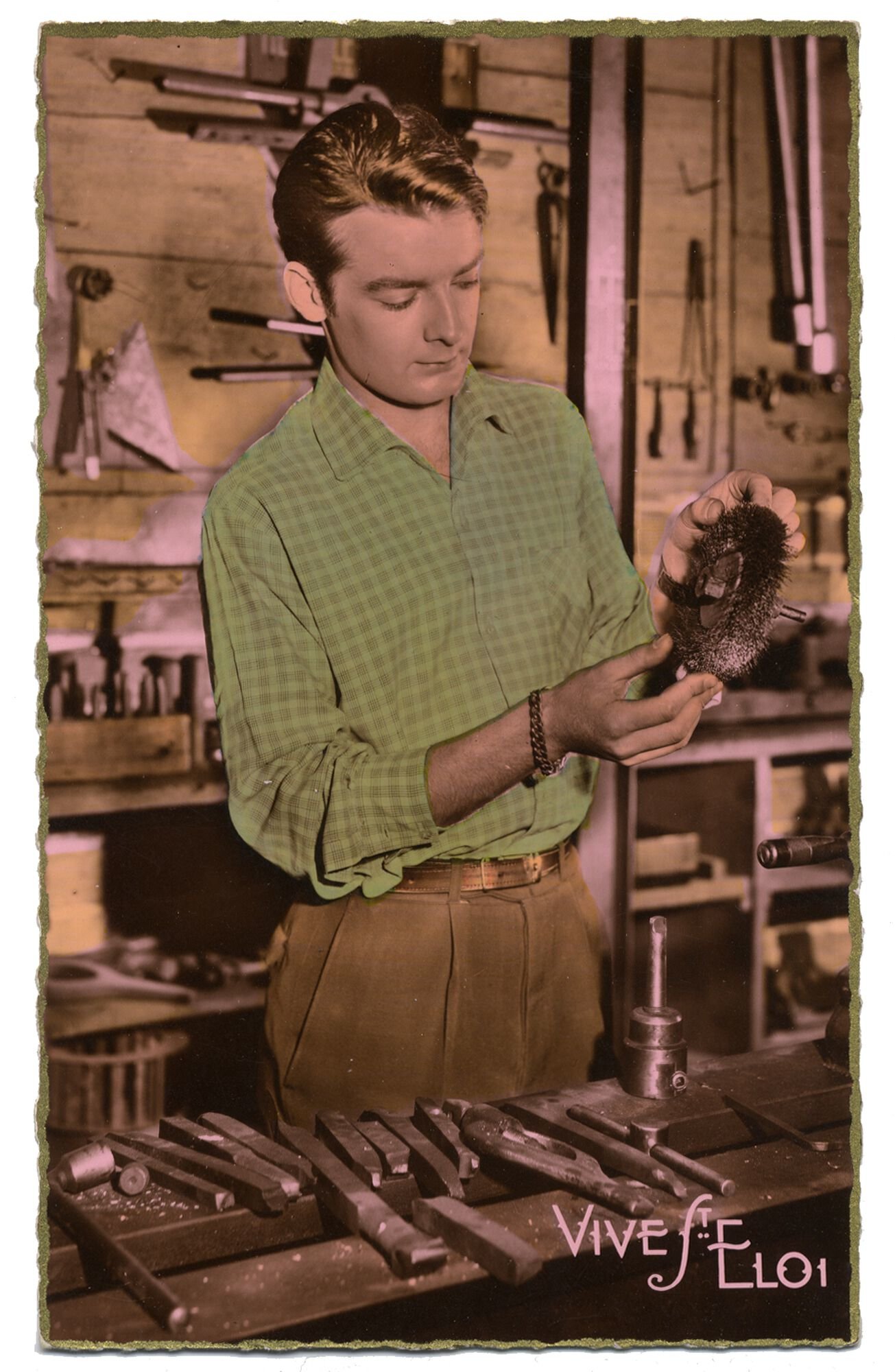 Postkaart voor het naamfeest van Sint-Elooi patroon van de metaalbewerkers