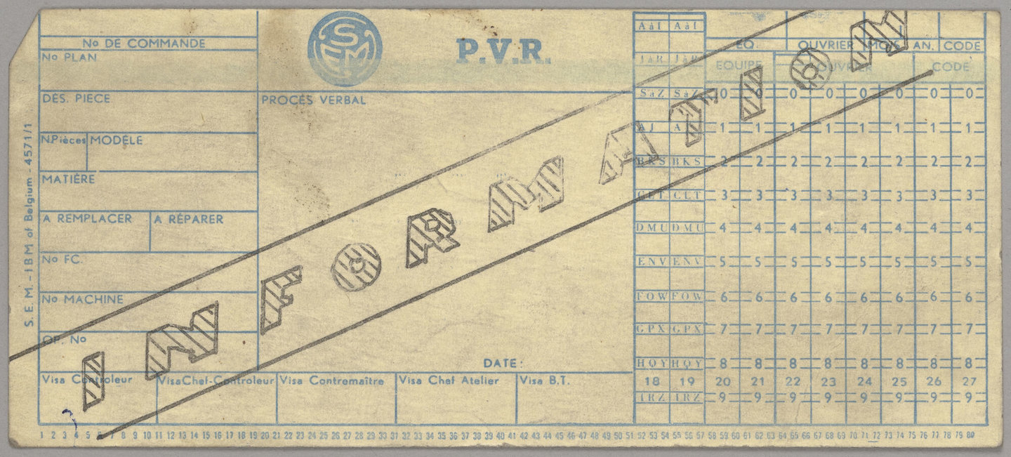 Blanco kaart gebruikt tijdens controle van machineonderden bij machinebouwer SEM in Gent