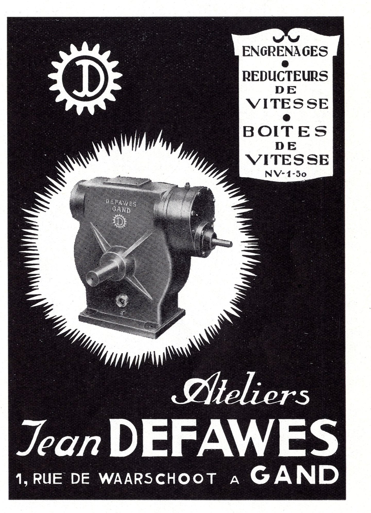 Reclame voor tandwielen geproduceerd door Defawes in Gent