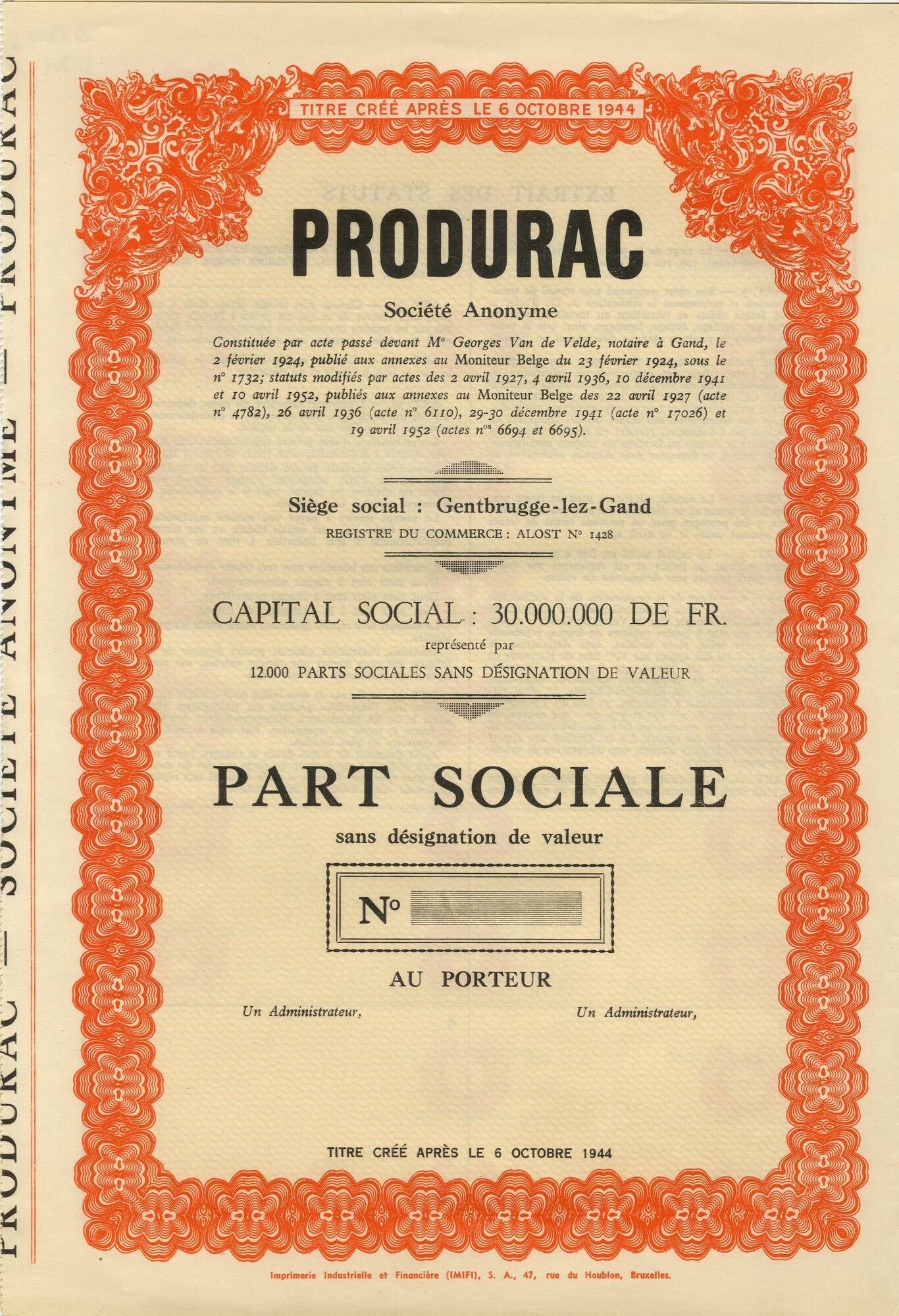 Couponblad uitgegeven door staaldraadtrekkerij Produrac