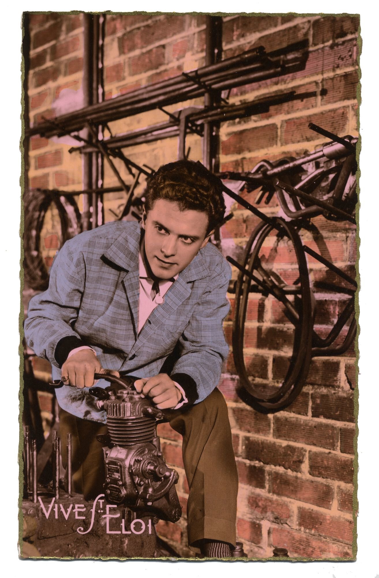 Postkaart voor het naamfeest van Sint-Elooi patroon van de metaalbewerkers