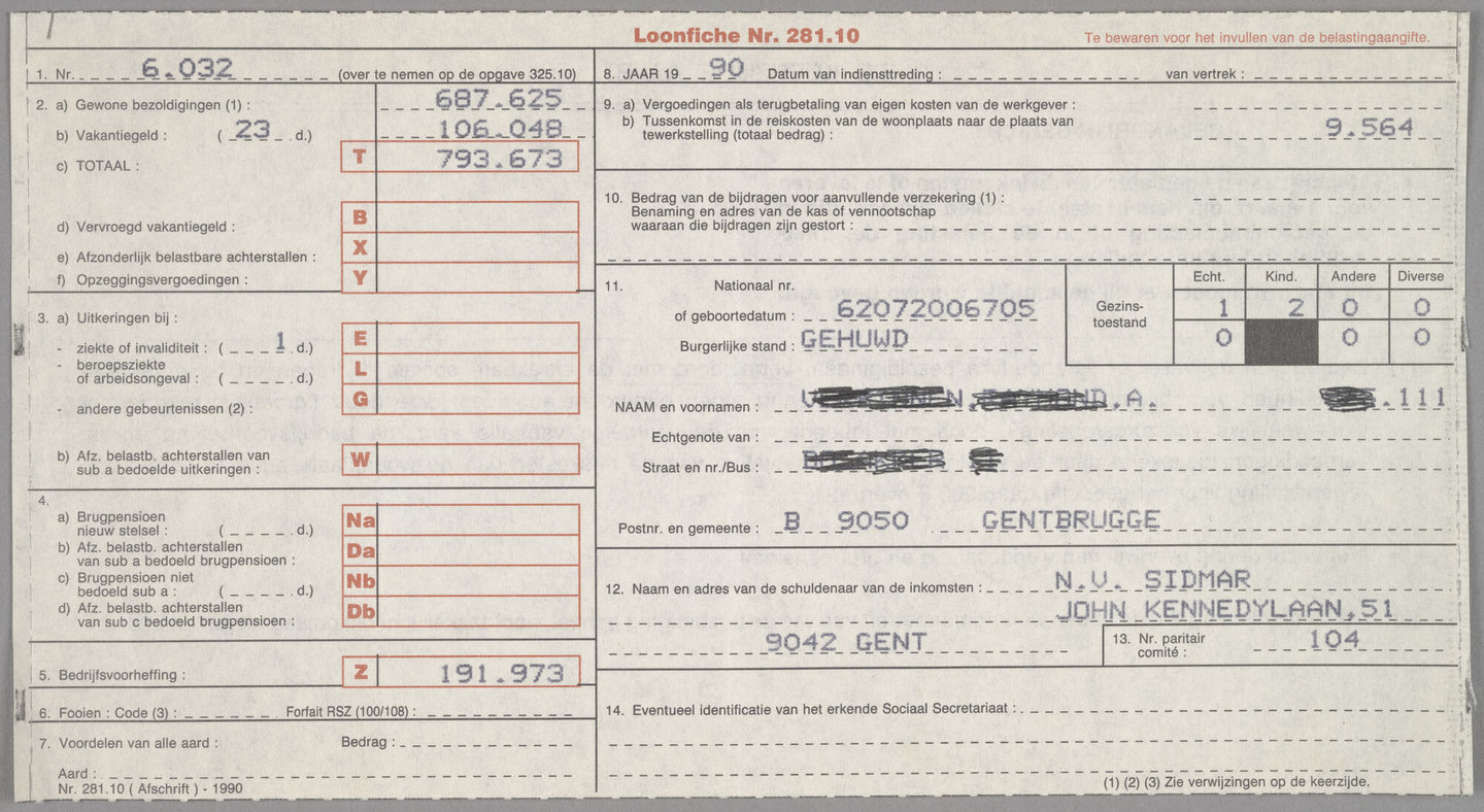 Loonfiche van een arbeider bij staalbedrijf Sidmar in Gent