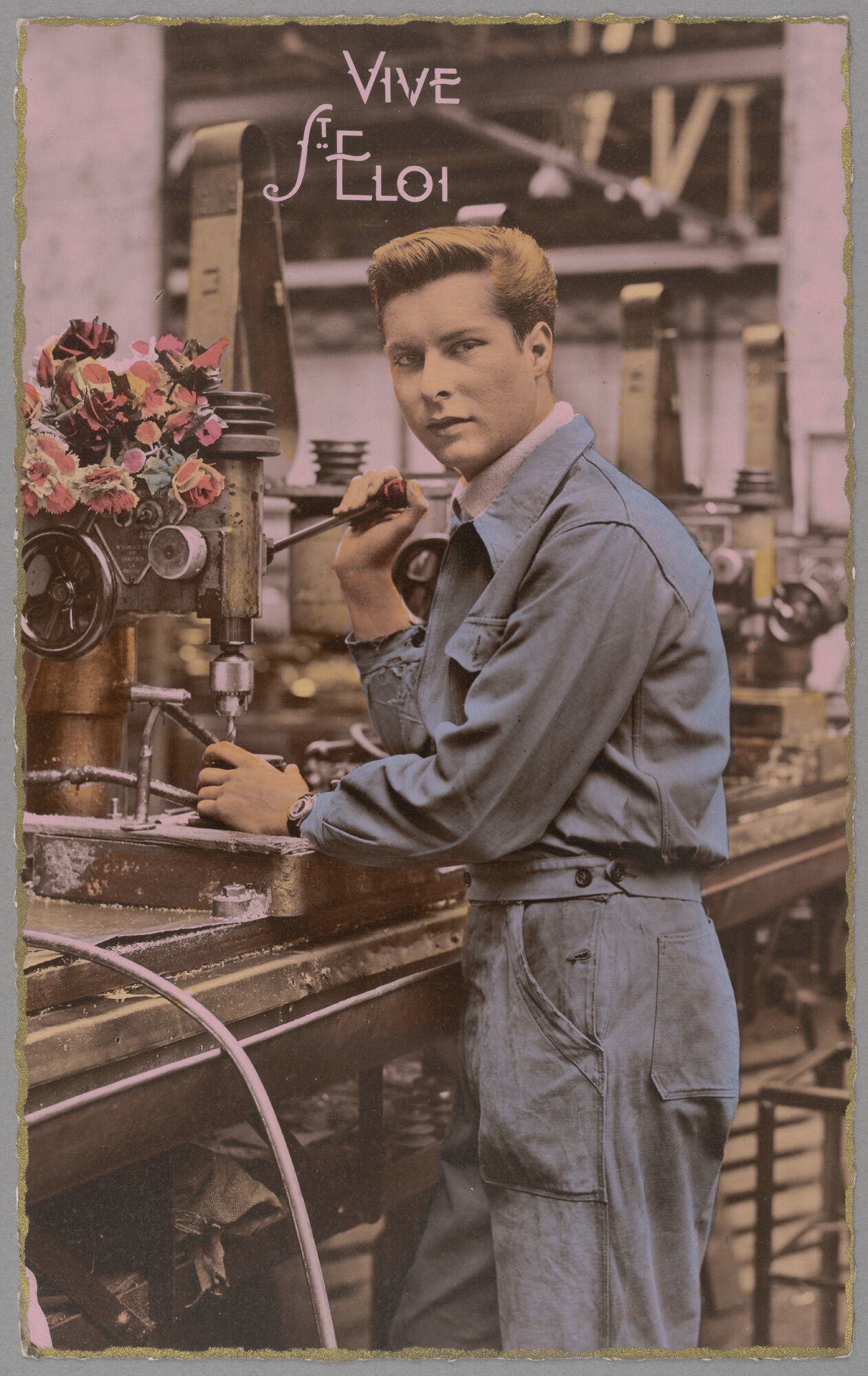 Postkaart voor het naamfeest van Sint-Elooi patroon van de metaalbewerkers