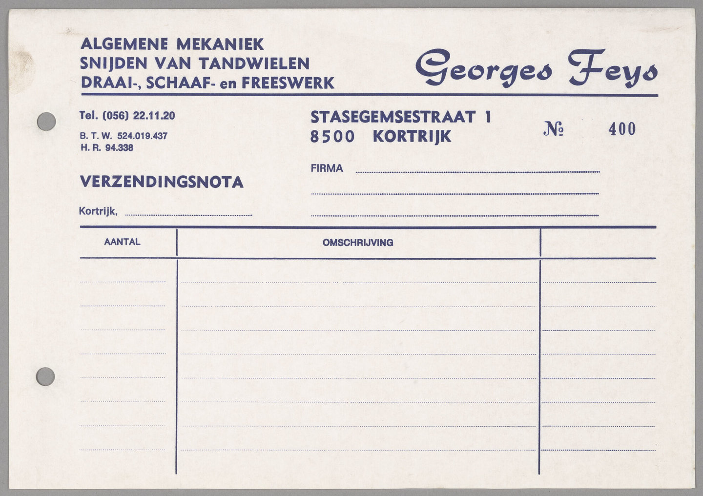 Blanco vrachtbrief van tandwielfabrikant Feys in Kortrijk