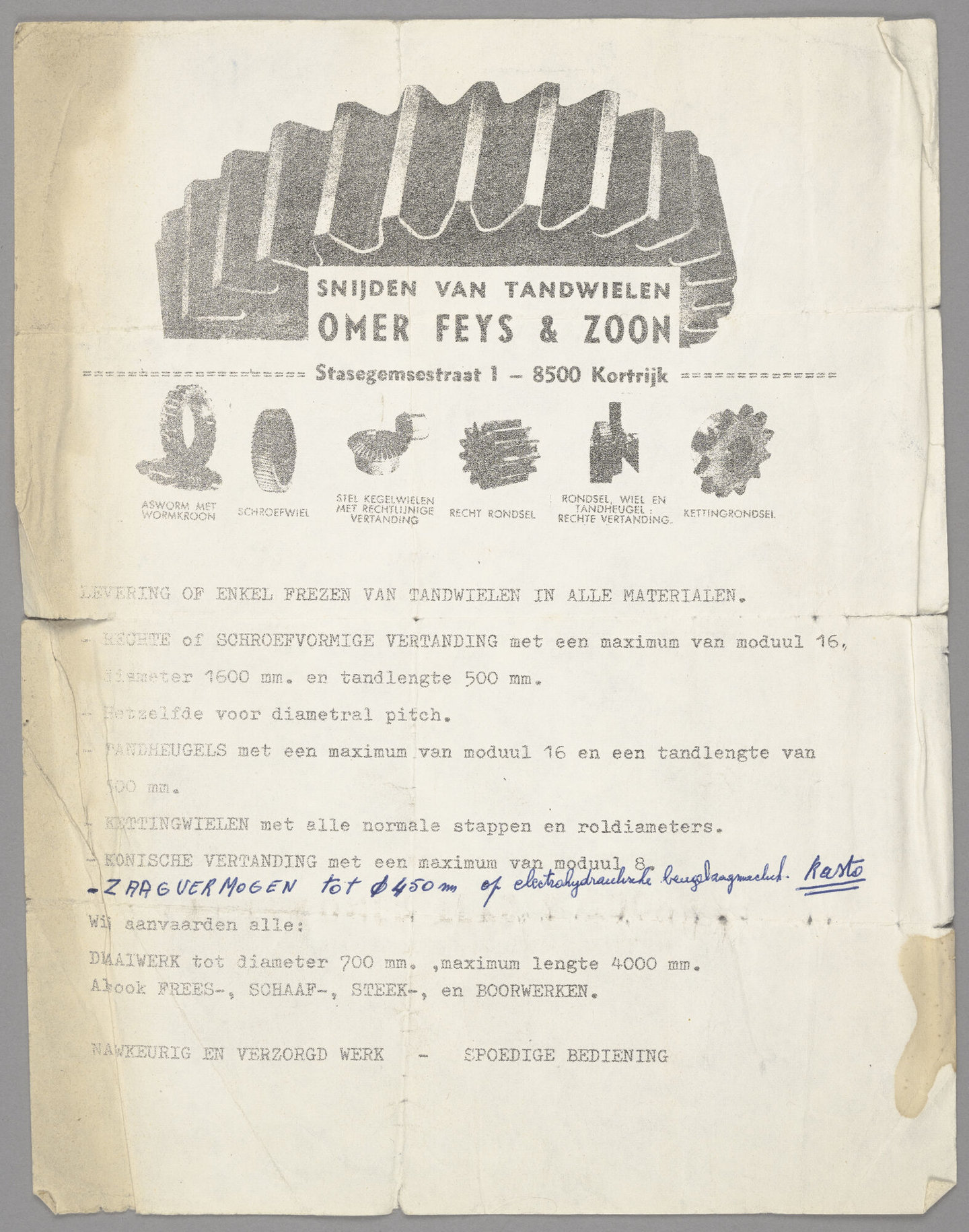 Reclameblad van tandwielfabrikant Atelier Feys in Kortrijk