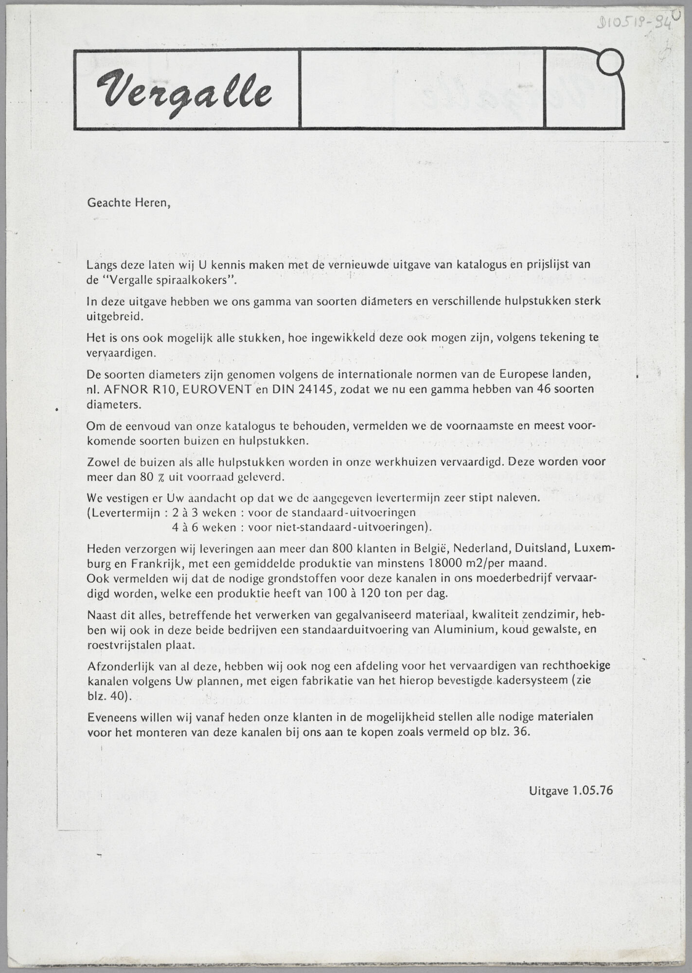 Verkoopcatalogus met ventilatiekanalen geproduceerd door Vergalle in Oudenaarde