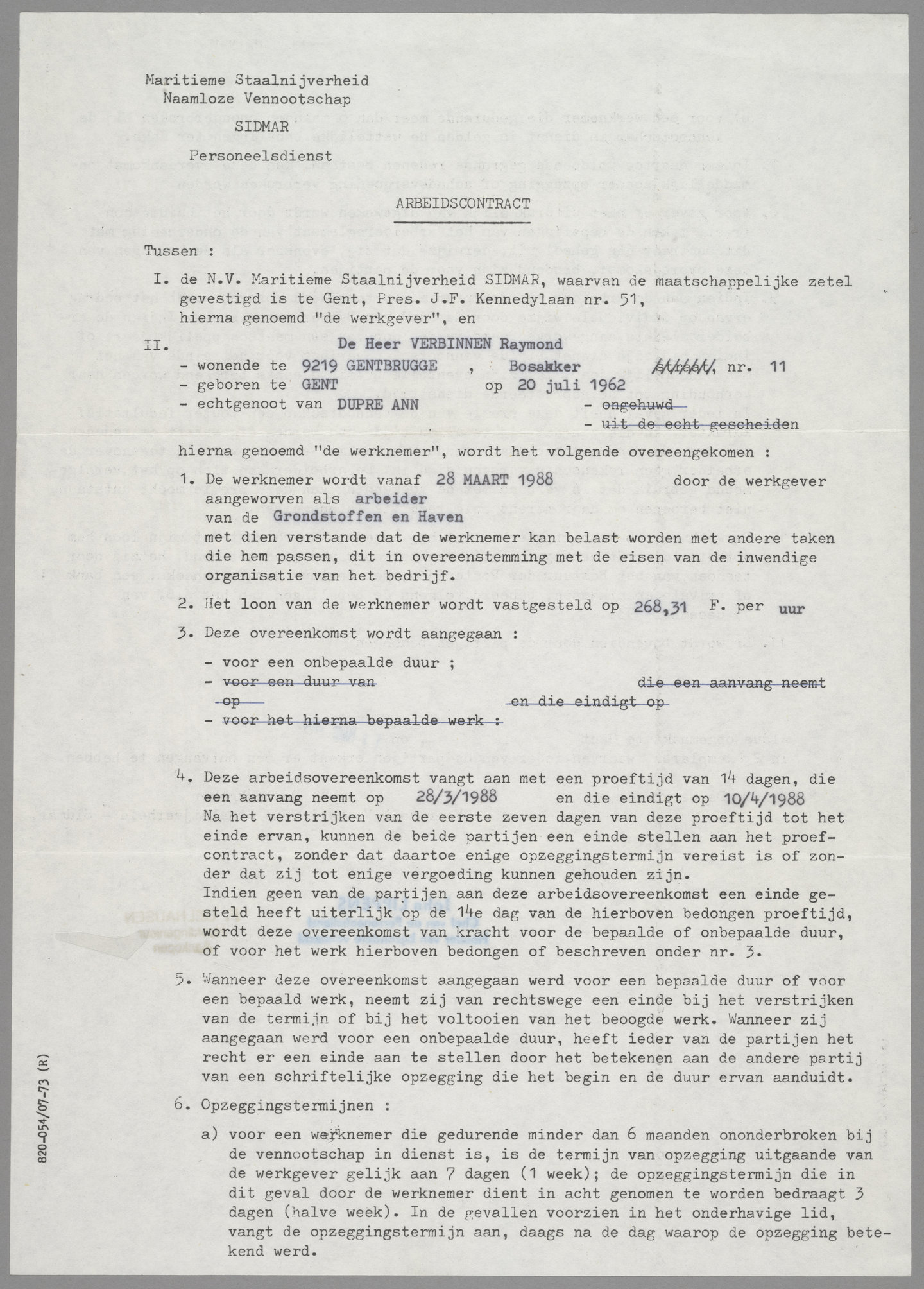 Arbeidscontract van arbeider van staalbedrijf Sidmar in Gent