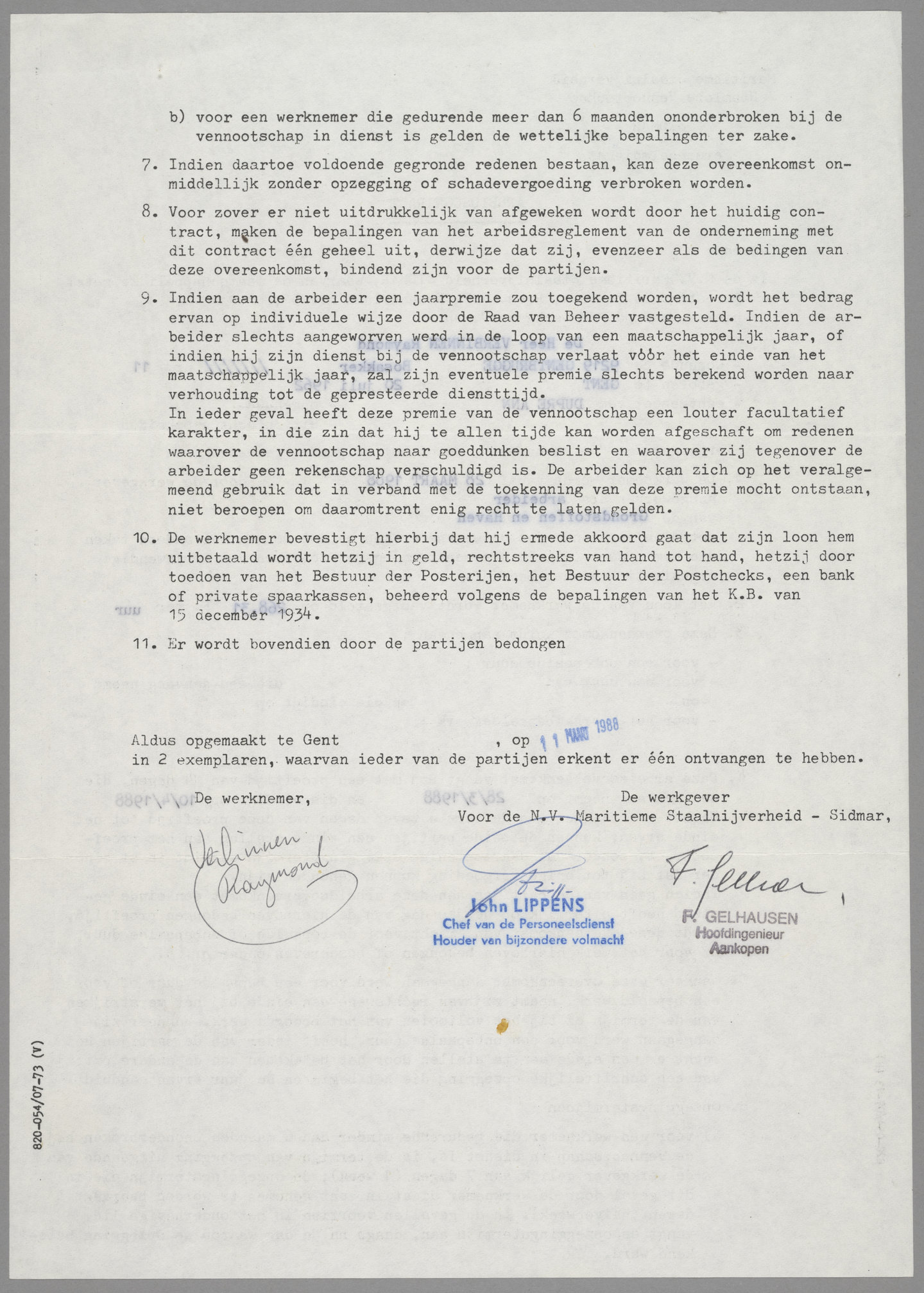 Arbeidscontract van arbeider van staalbedrijf Sidmar in Gent