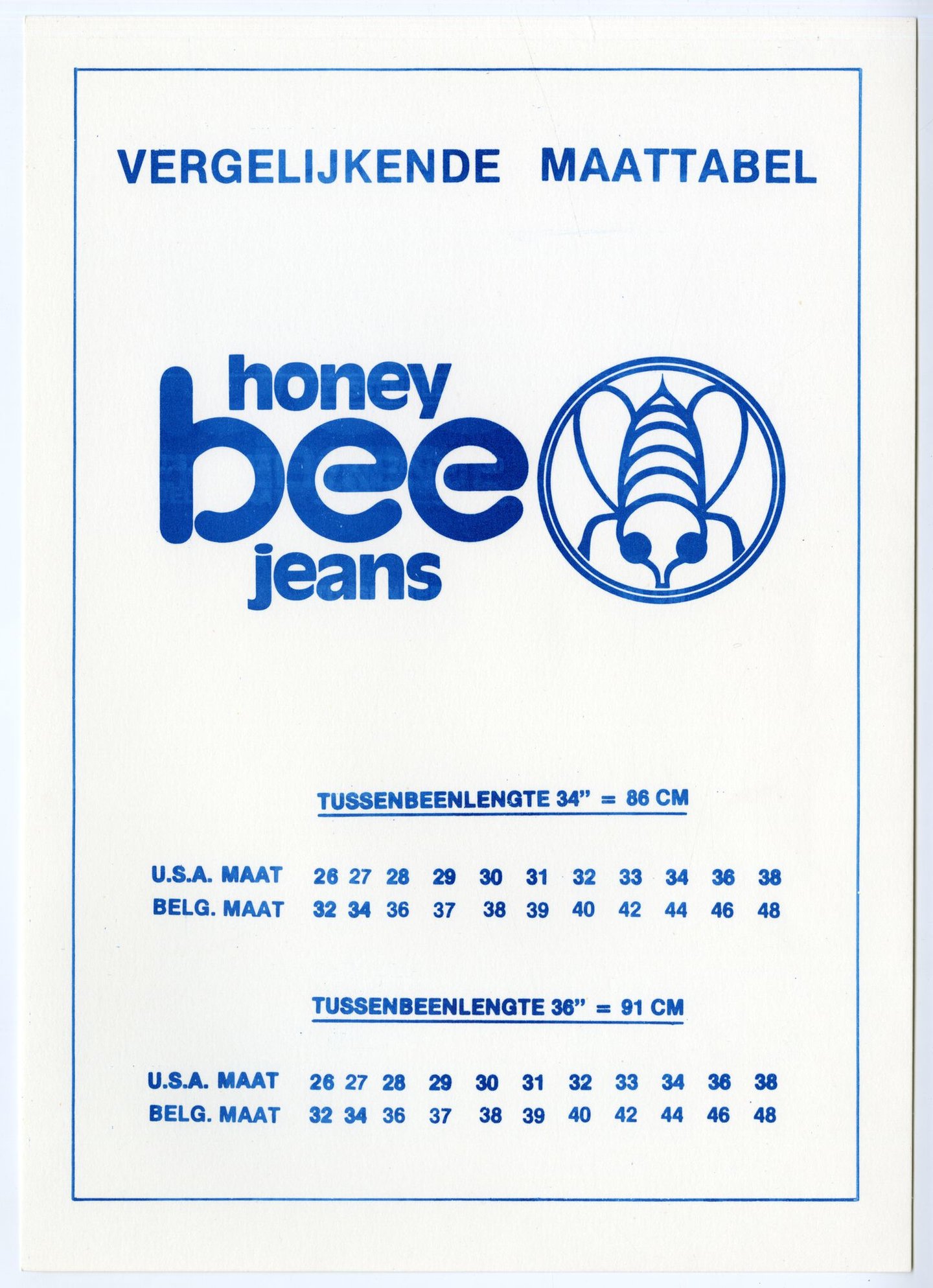 Vergelijkende maattabel voor jeans van het merk Honey Bee