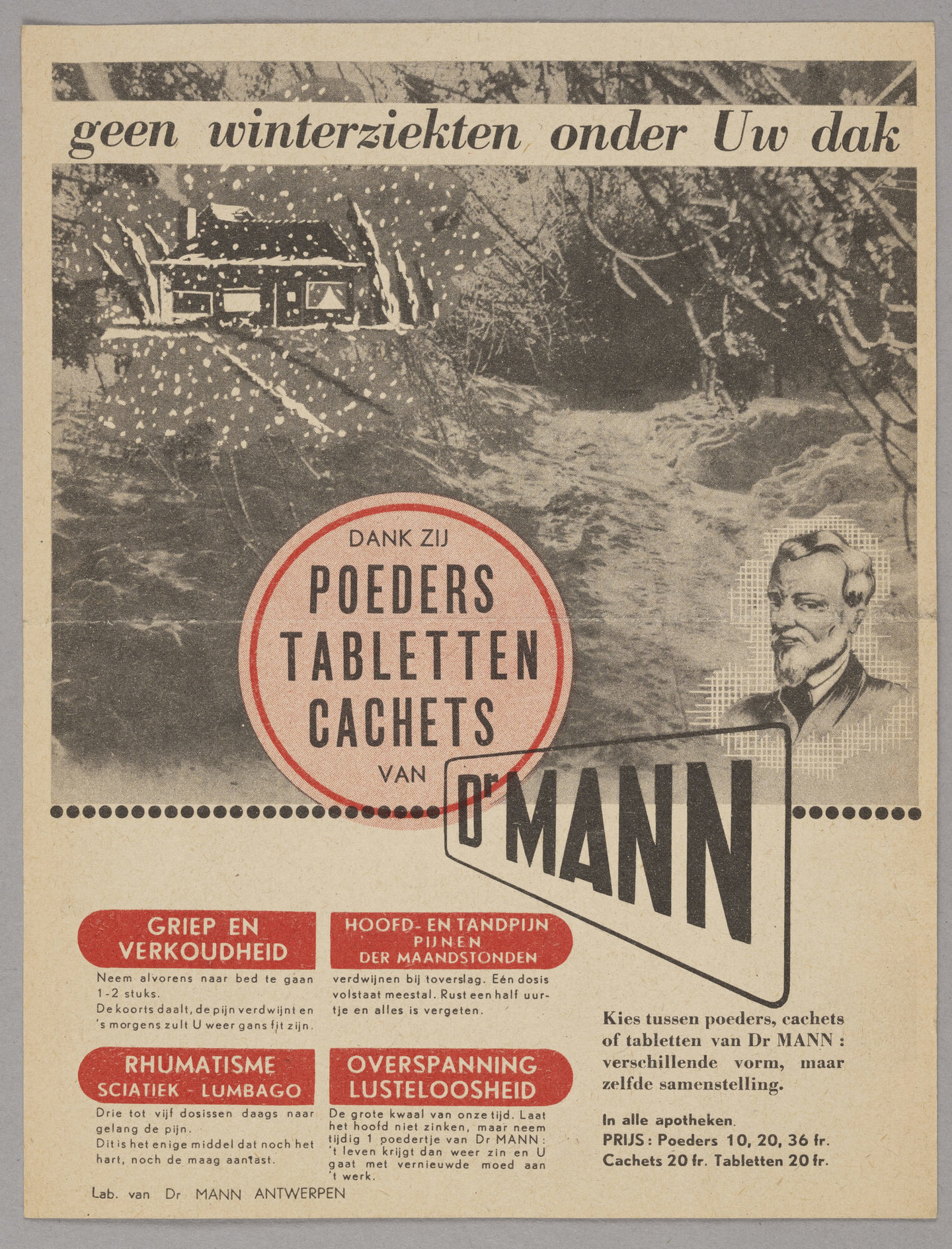 Flyer met reclame voor pijnstiller en hoestsiroop van het merk Dr. Mann