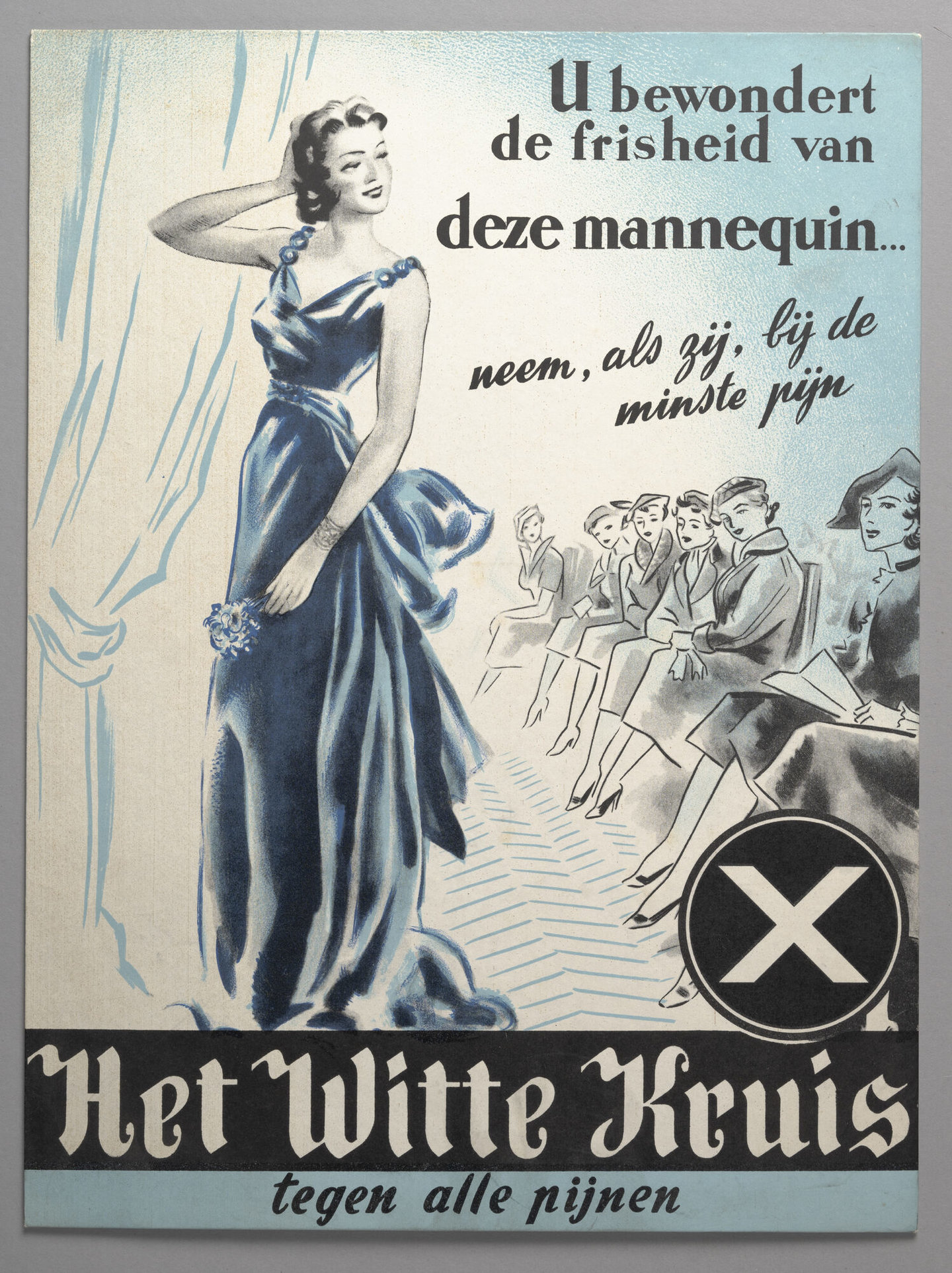 Reclamebord voor pijnstiller van het merk Het Witte Kruis