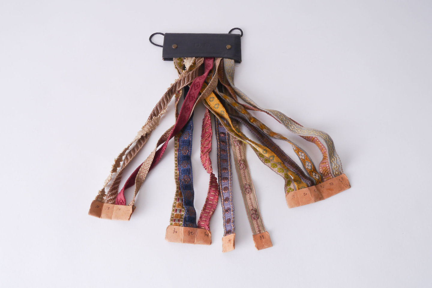 Staalkaart met voorbeelden van galons als ornament voor het vervaardigen van passement