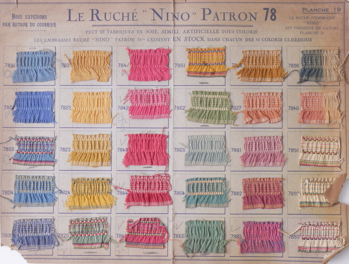 Staalkaart met voorbeelden galons ruchés om passement te vervaardigen