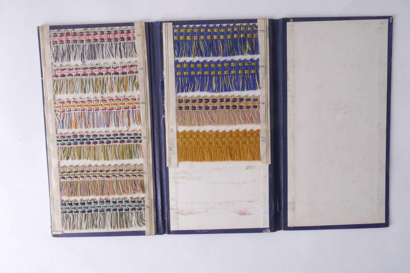 Staalkaart met voorbeelden van effilés om passement te vervaardigen