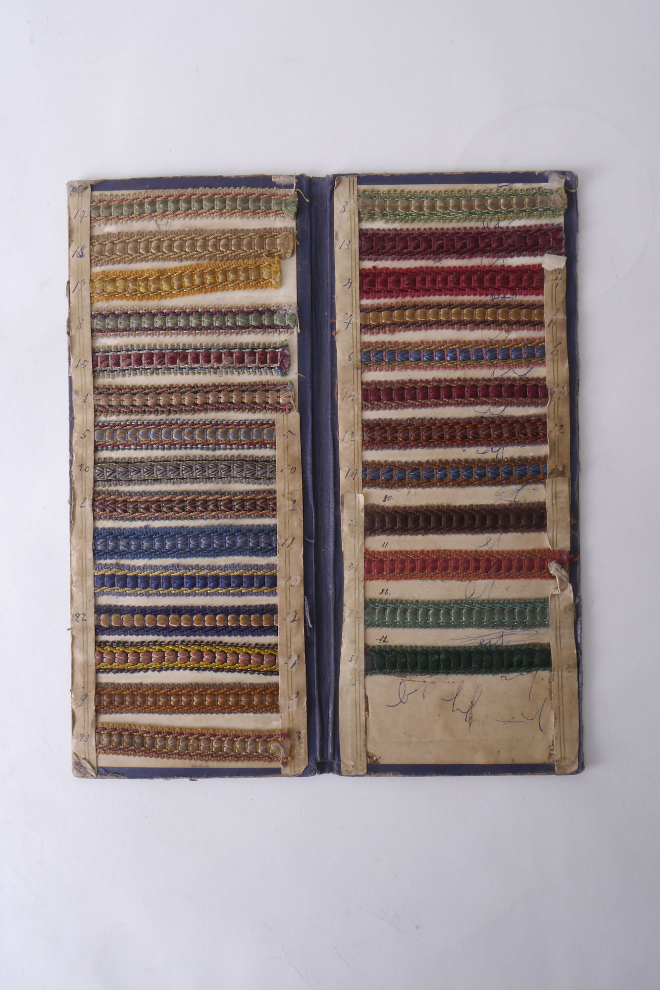 Staalkaart met voorbeelden van galons om passement te vervaardigen