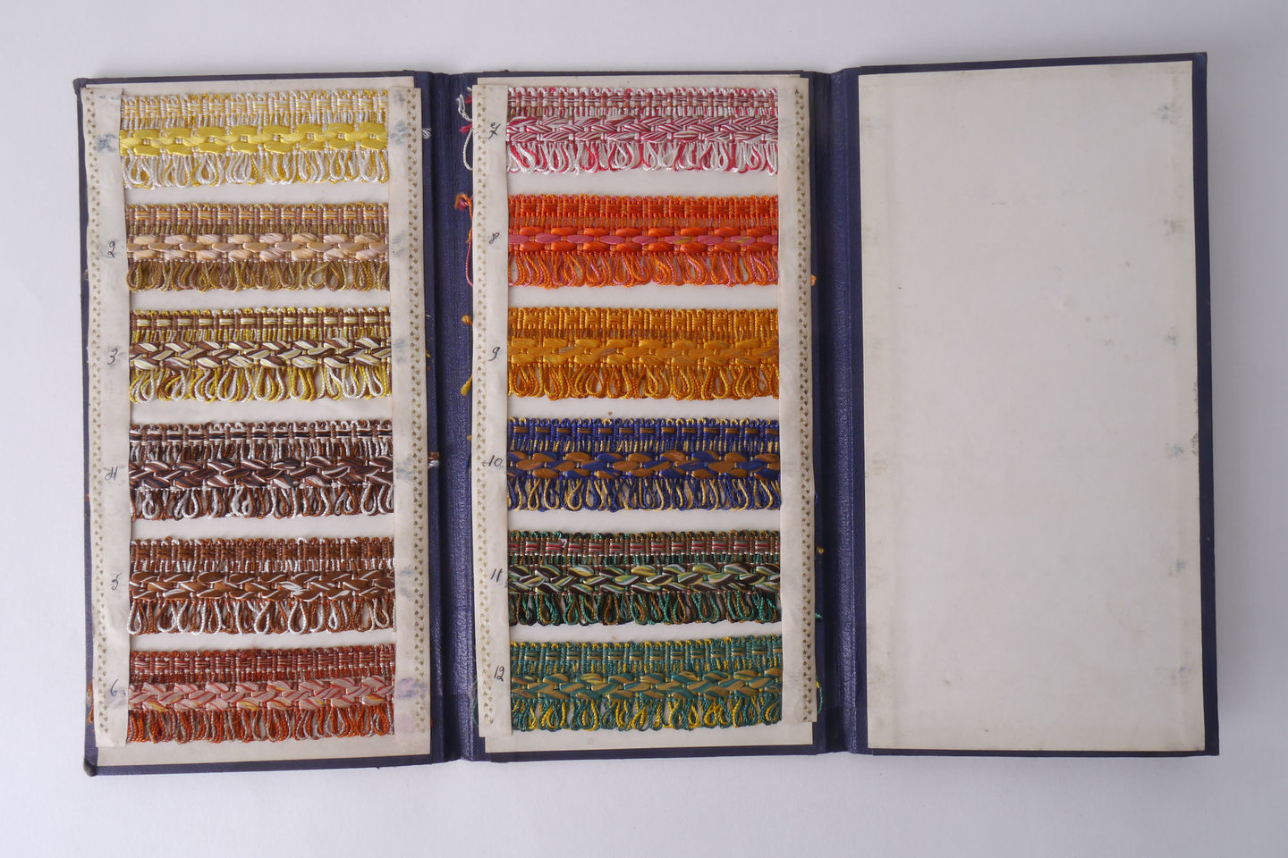 Staalkaart met voorbeelden van effilés om passement te vervaardigen