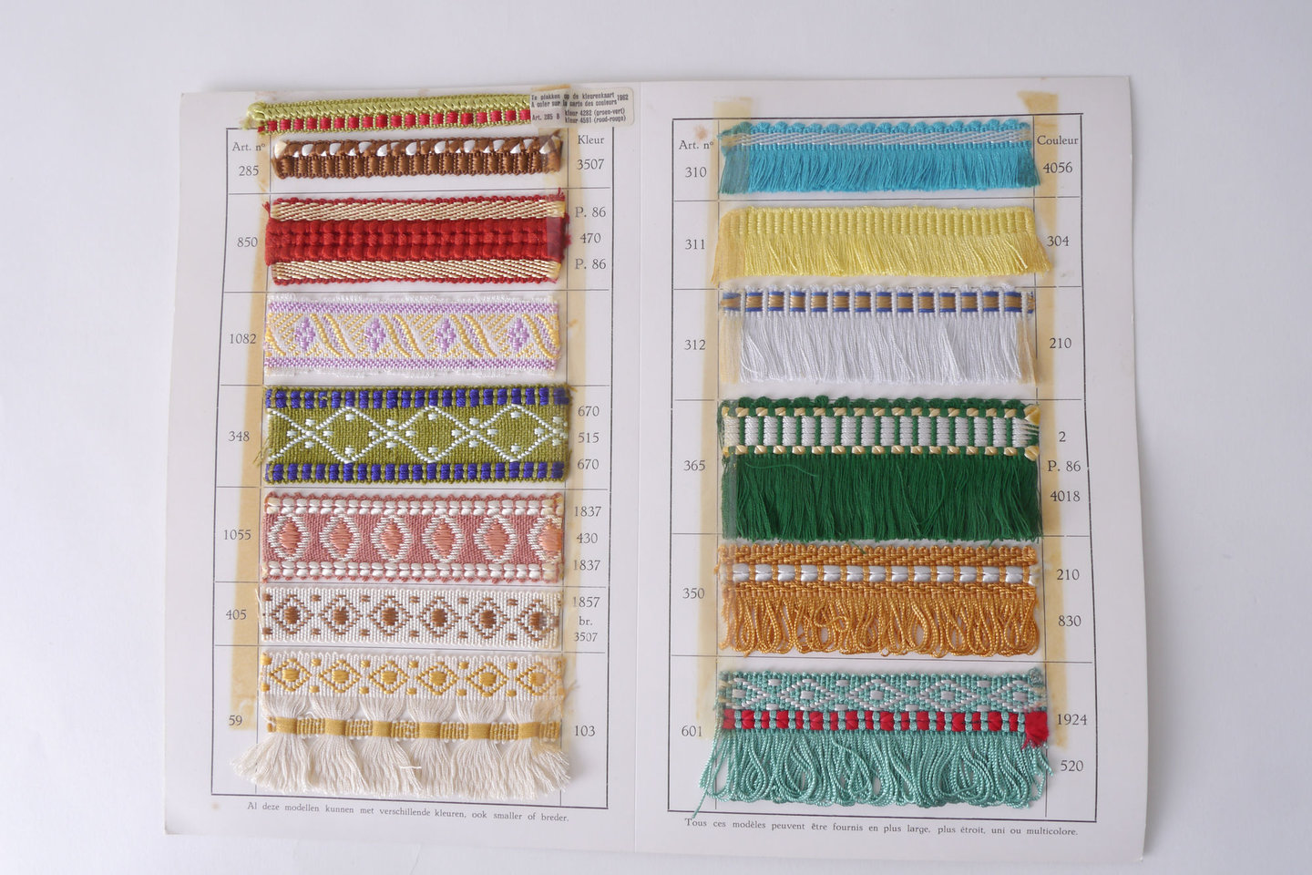 Staalkaart met voorbeelden van galons en effilés om passement te vervaardigen