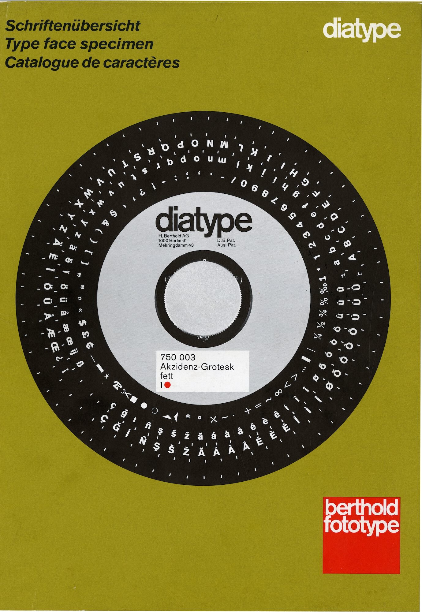 Letterproef voor de Diatype fotozetmachine van het merk Berthold