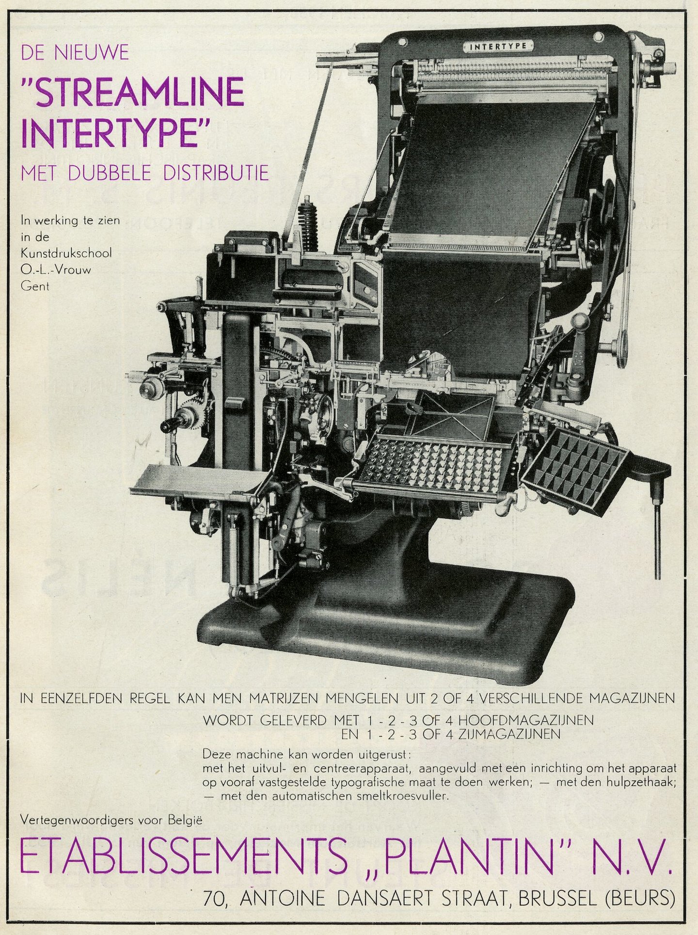 Reclame voor de Intertype regelzetmachine verdeeld door Plantin, in het tijdschrift ‘Grafiek’, 1938