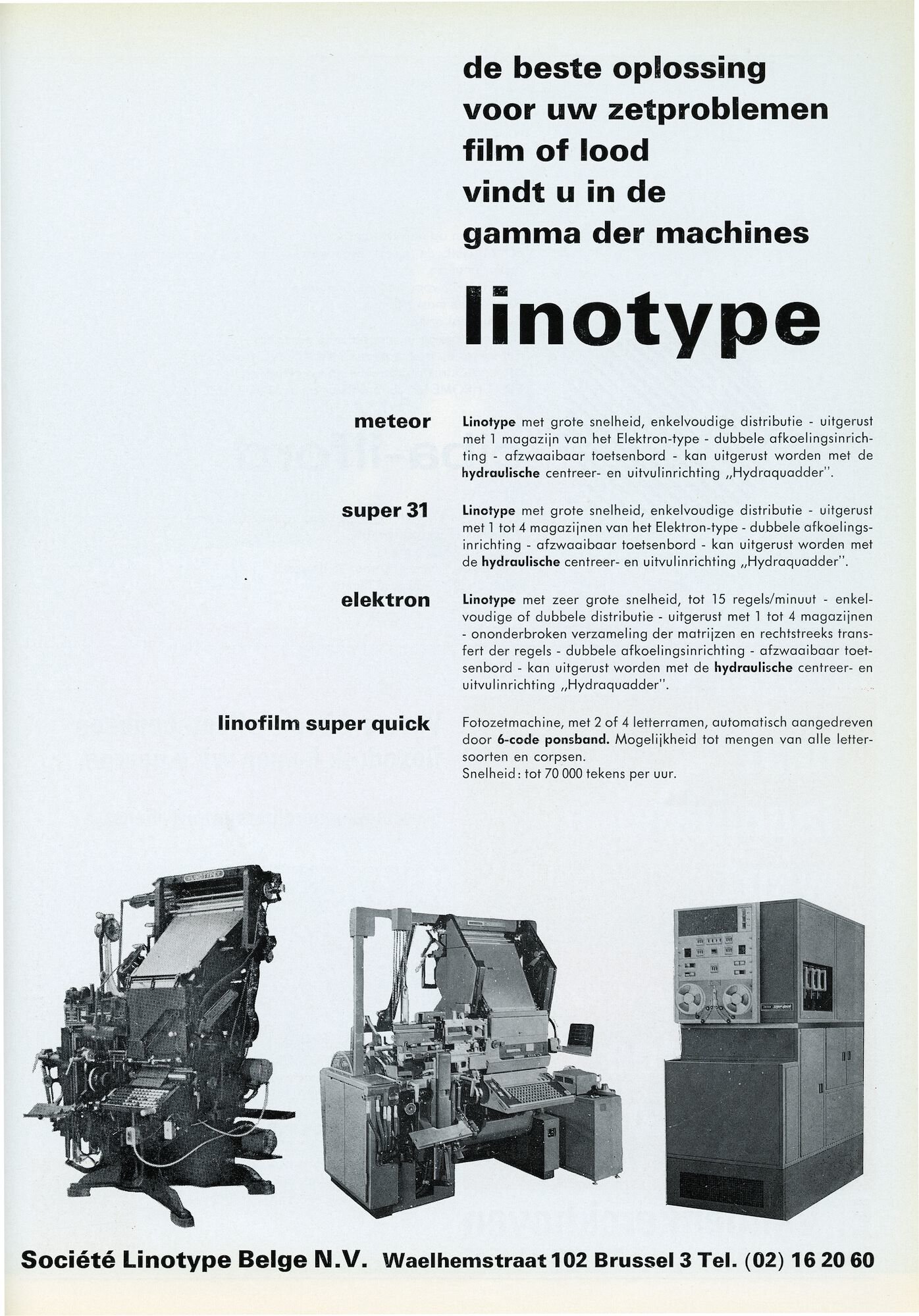 Reclame door Société Linotype Belge voor verschillende zetmachines