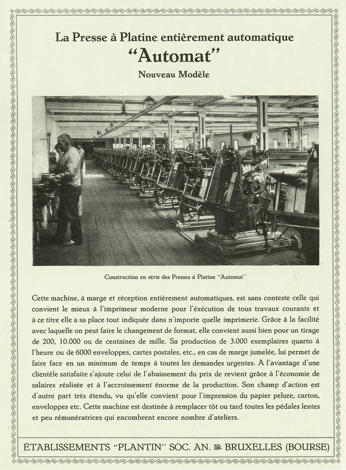Advertentie voor de Heidelberg degelautomaat met foto van de productielijn in het tijdschrift van Plantin, einde jaren 1920. Collectie Heidelberg Benelux.