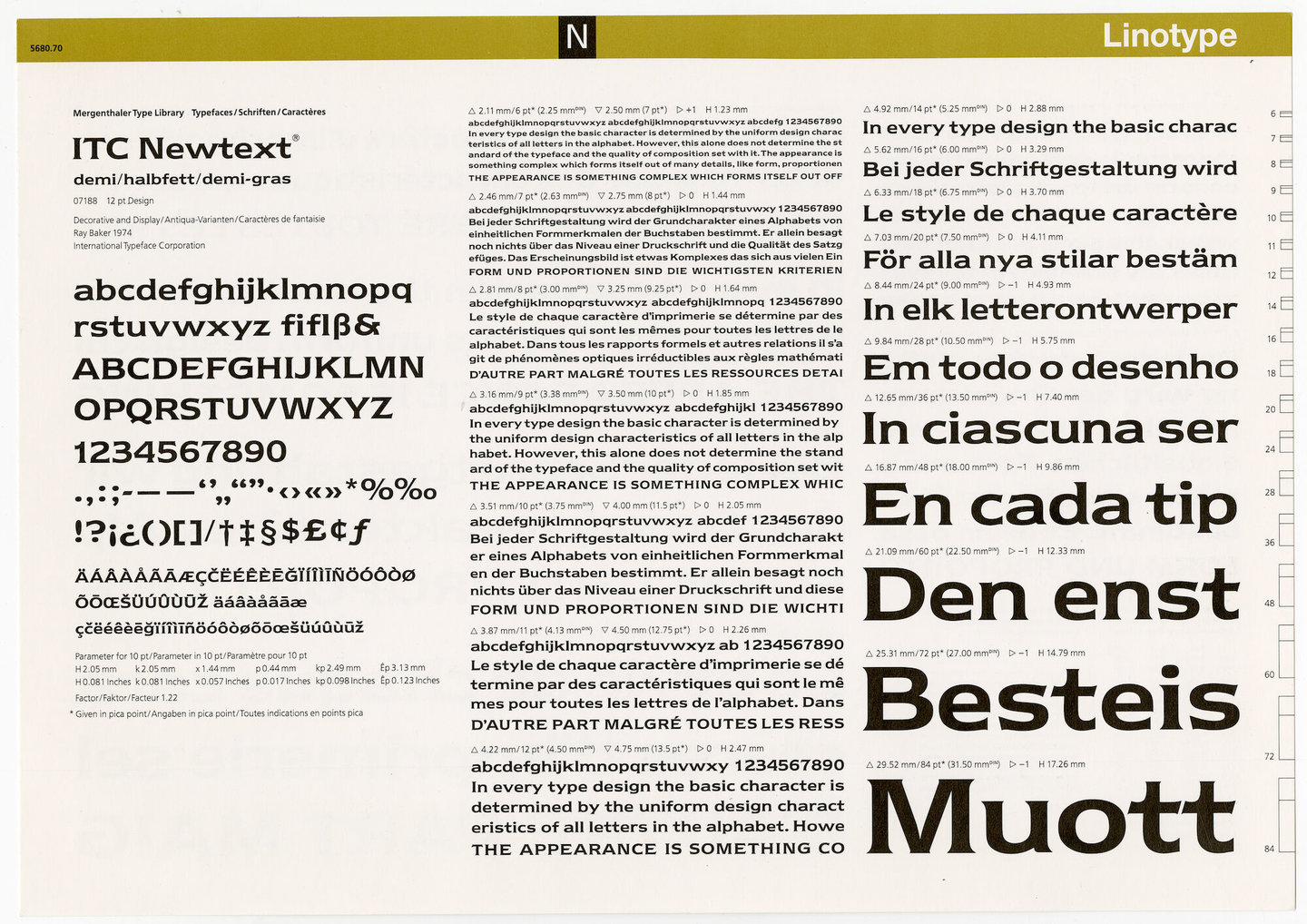 Letterproef met het lettertype ITC Newtext voor Linotype