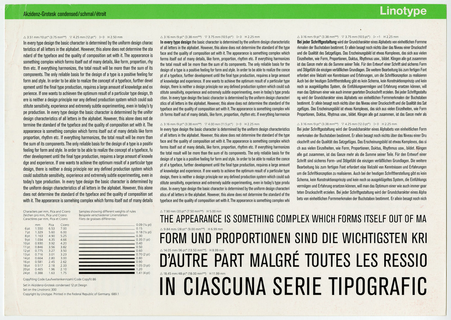 Letterproef met het lettertype Akzidenz-Grotesk voor Linotype