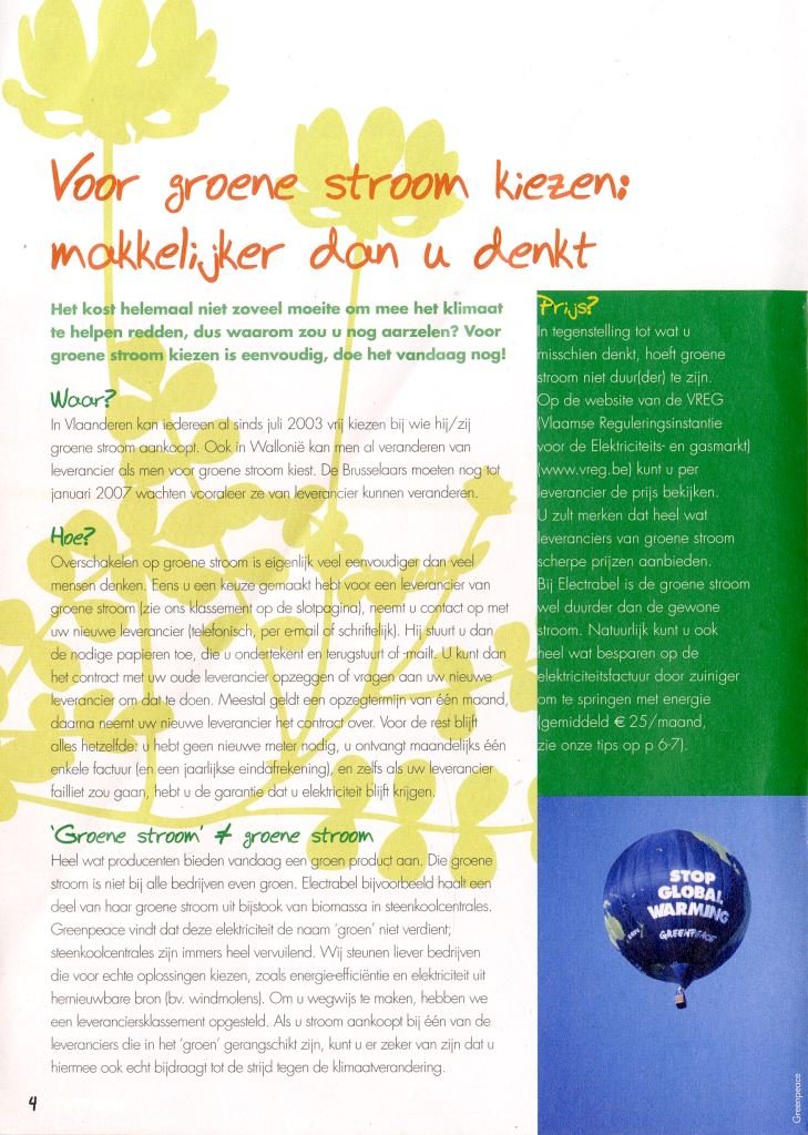 Brochure uitgegeven door Greenpeace ter promotie van groene stroom