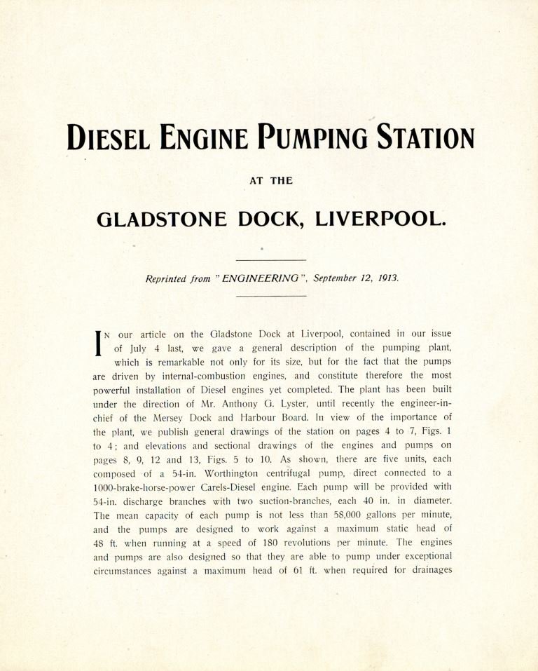 Informatieve brochure waarin de inrichting van het het pompstation van Gladstone Dock te Liverpool voorgesteld wordt