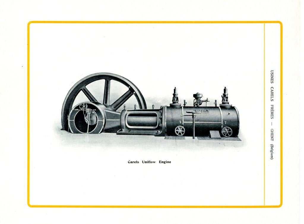 Productcatalogus waarin het bedrijf Carels zijn stoommachines met 1 cilinder voorstelt